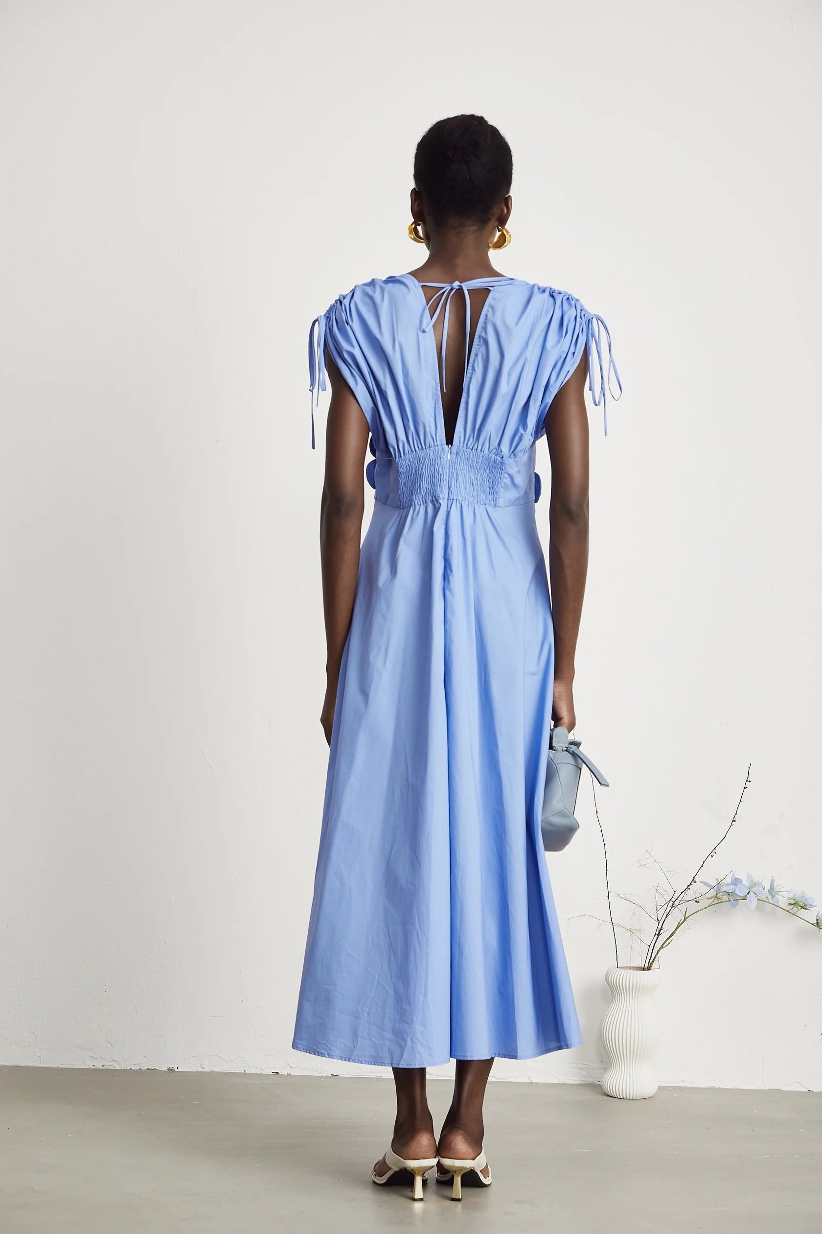 Light Blue Floral Appliqué Ruched Dress petal-detail drawstring maxi dress in Blue Evening Dress