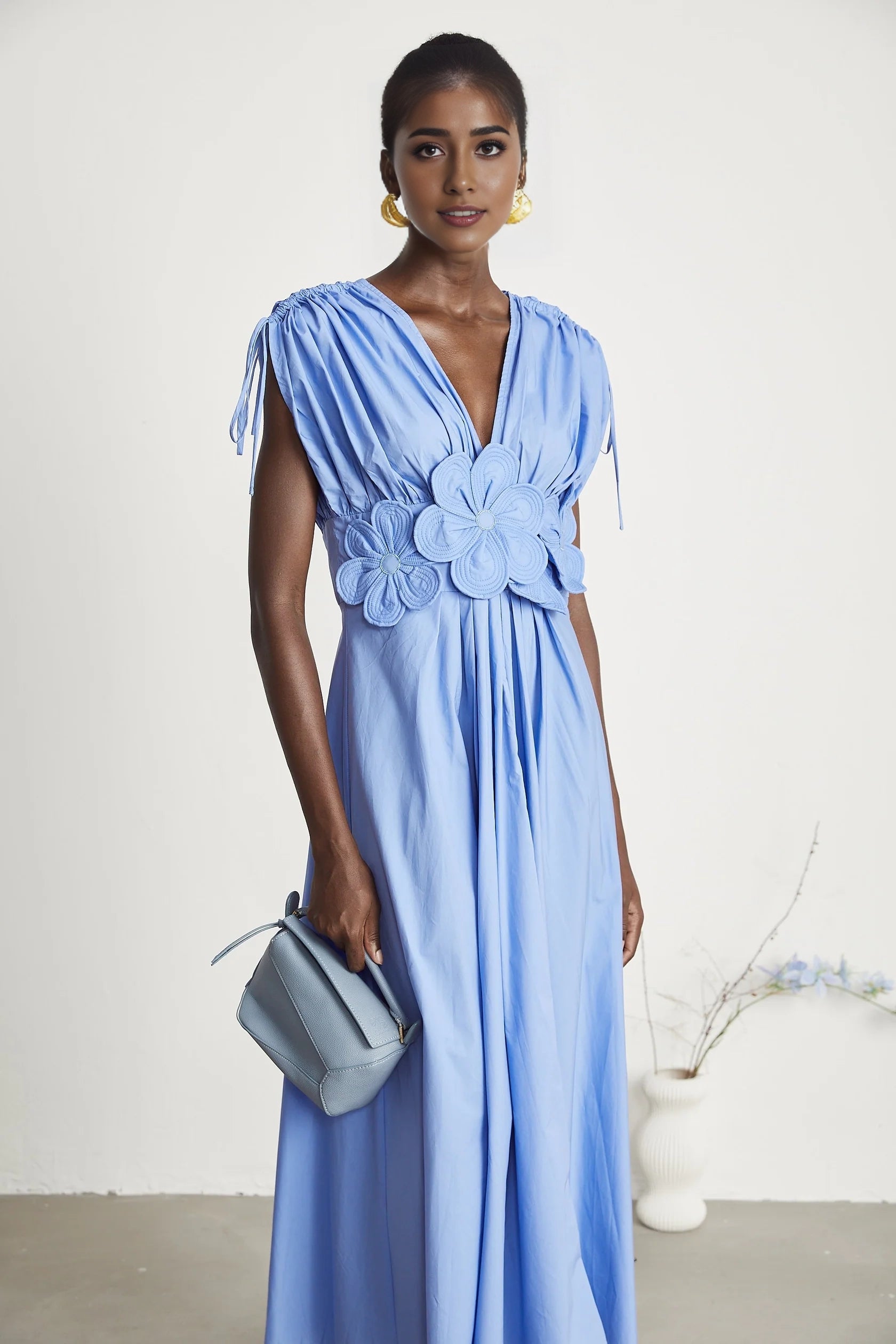 Light Blue Floral Appliqué Ruched Dress petal-detail drawstring maxi dress in Blue Evening Dress