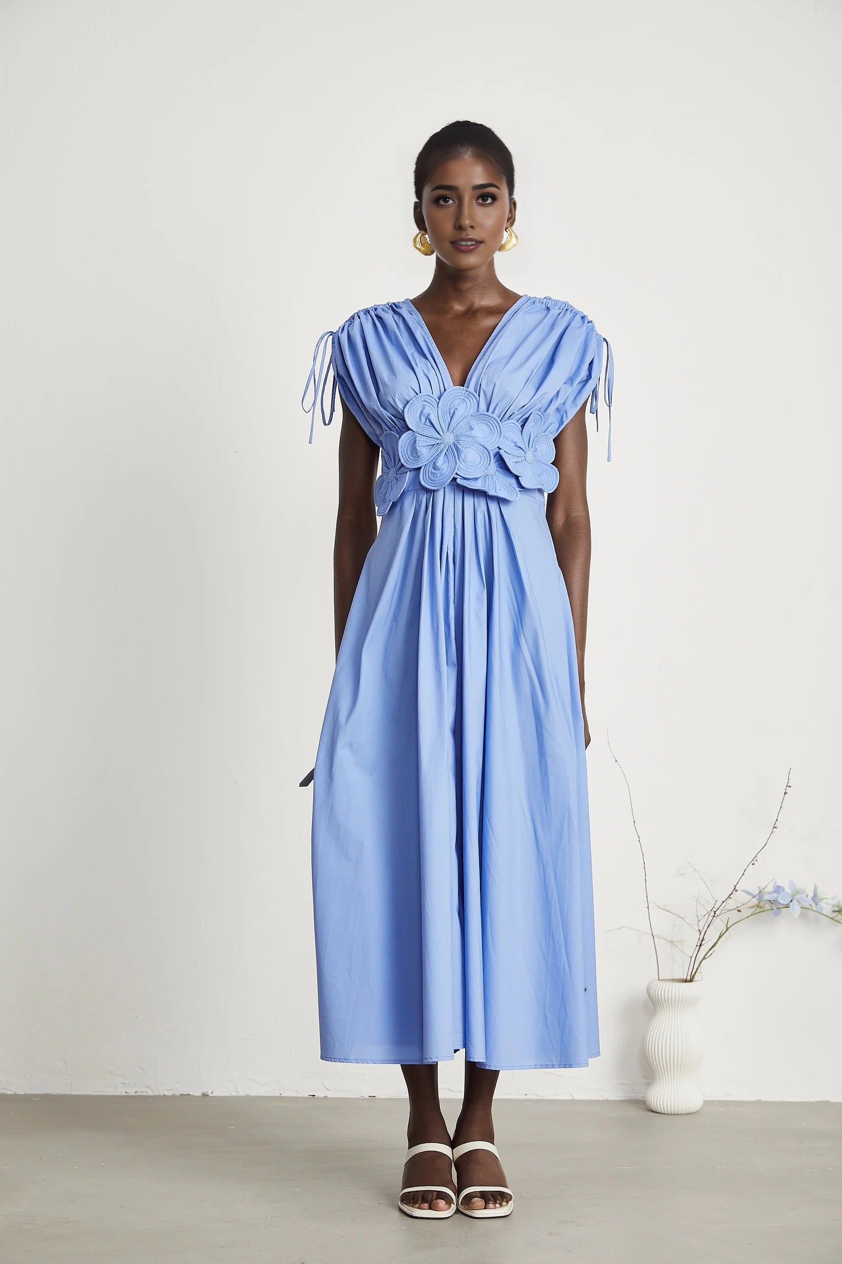 Light Blue Floral Appliqué Ruched Dress petal-detail drawstring maxi dress in Blue Evening Dress