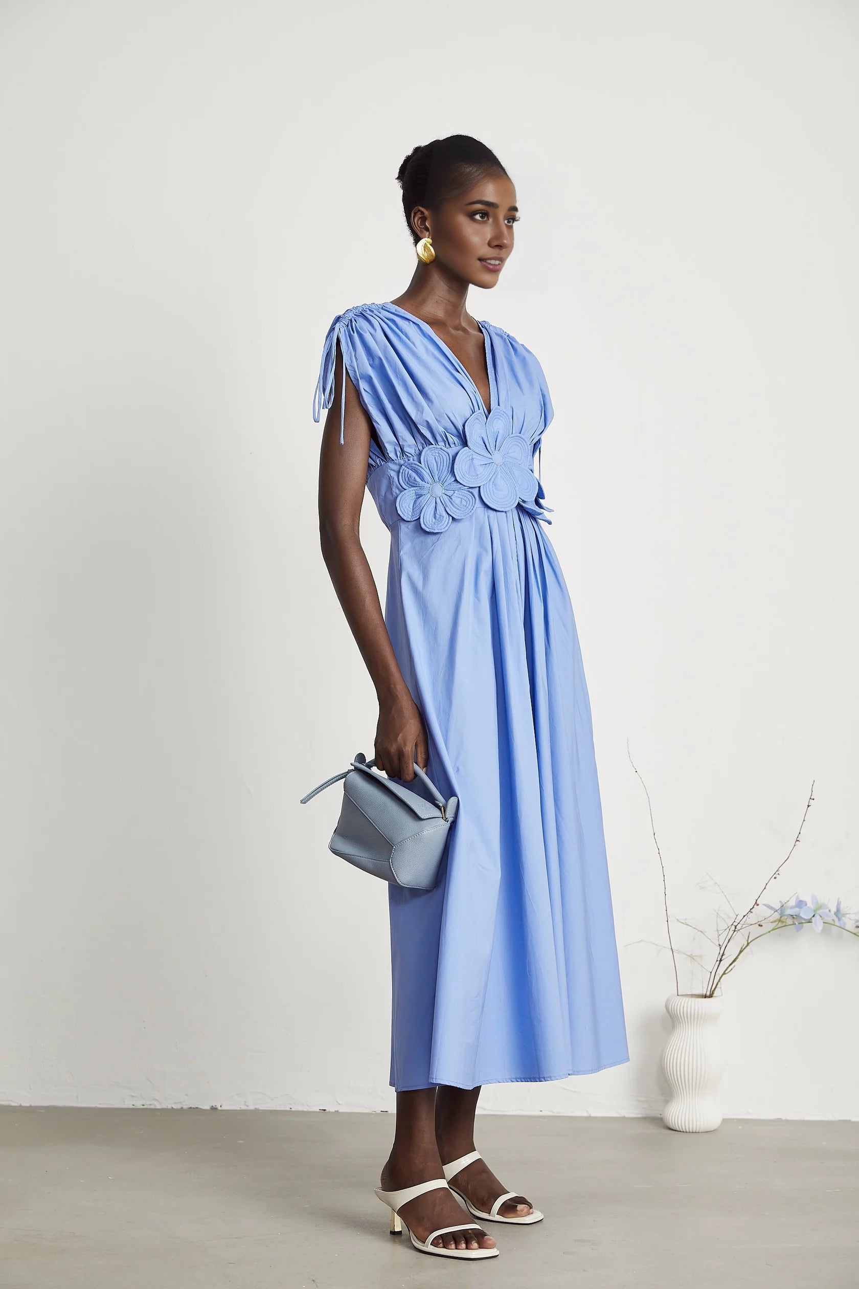Light Blue Floral Appliqué Ruched Dress petal-detail drawstring maxi dress in Blue Evening Dress