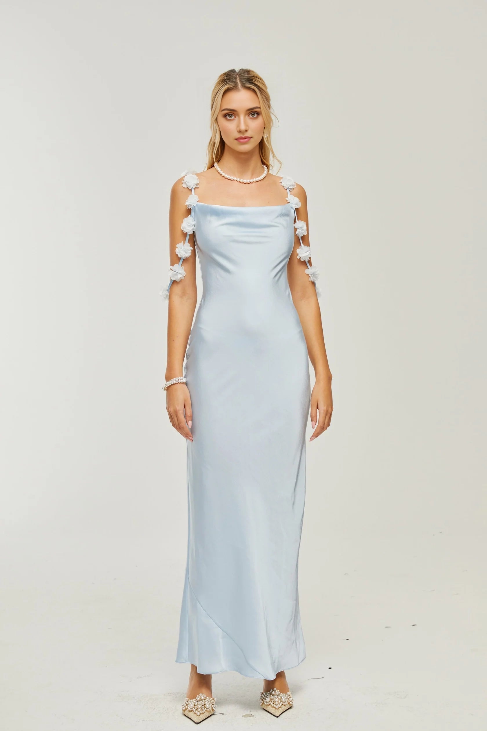 Light Blue Floral - Strap Satin Maxi Dress Capri floral-straps satin maxi dress Evening Dress