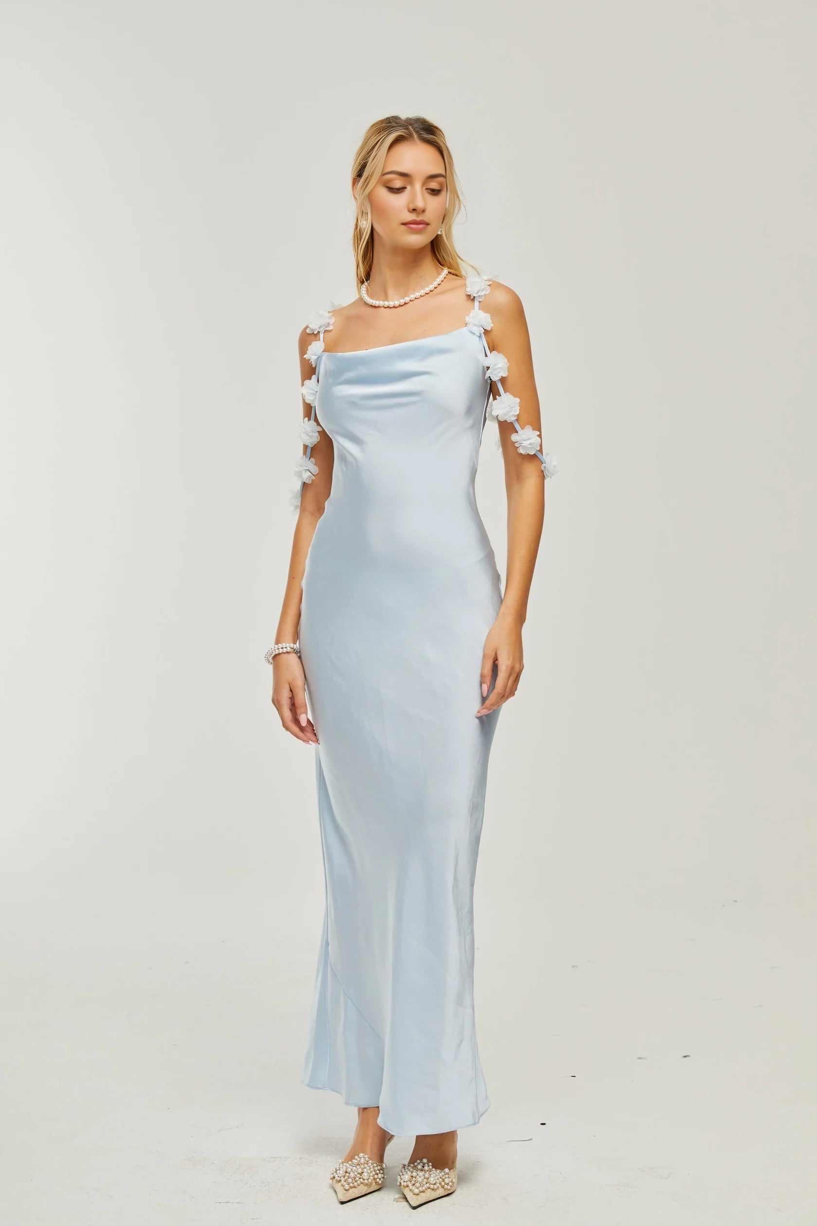 Light Blue Floral - Strap Satin Maxi Dress Capri floral-straps satin maxi dress Evening Dress