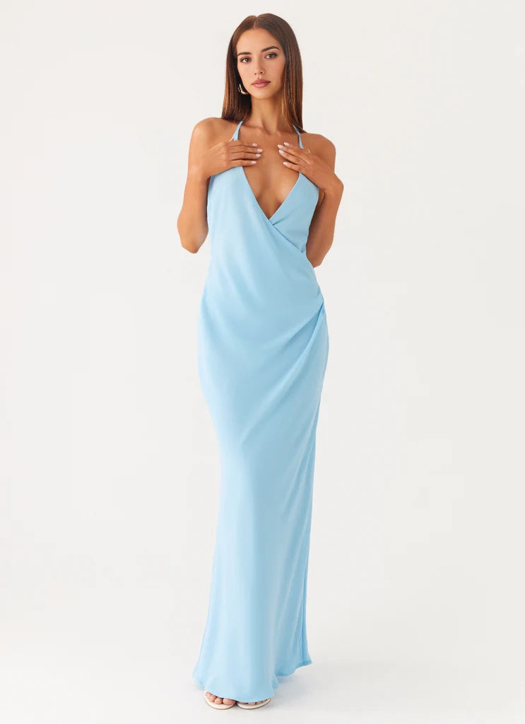 Light Blue Halter Neck Maxi Dress with Open Back Peppermayo Exclusive - Dress - Turquoise
