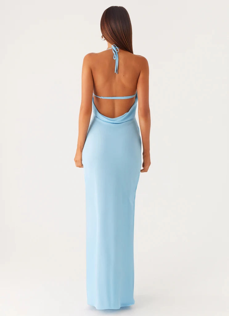 Light Blue Halter Neck Maxi Dress with Open Back Peppermayo Exclusive - Dress - Turquoise