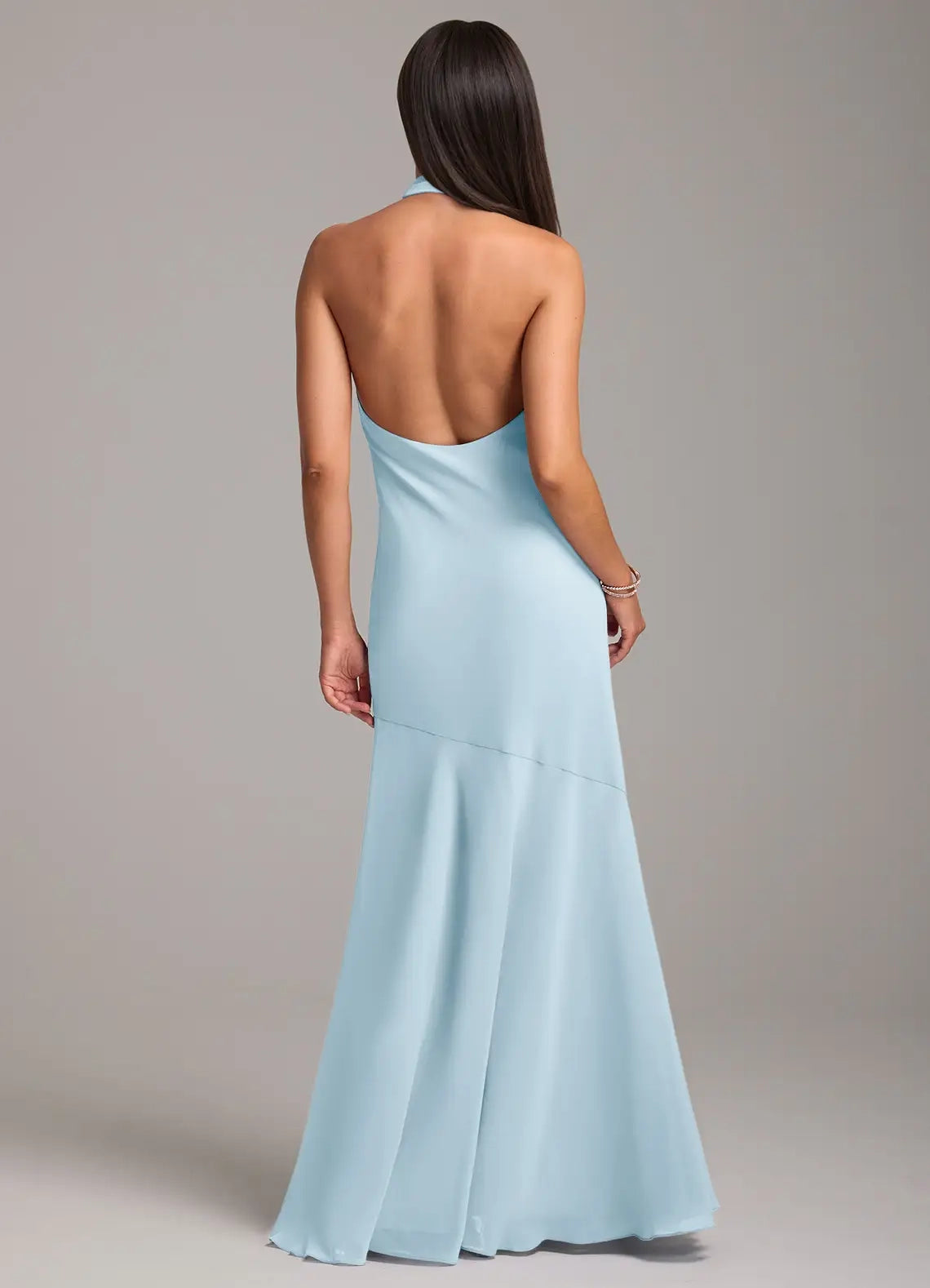 Light Blue Halter Neck Open Back Evening Gown with Side Slit Sky Blue Mermaid Pleated Chiffon Bridesmaid Dresses