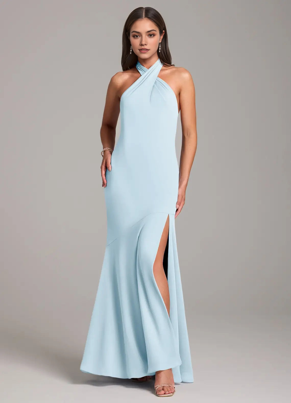 Light Blue Halter Neck Open Back Evening Gown with Side Slit Sky Blue Mermaid Pleated Chiffon Bridesmaid Dresses