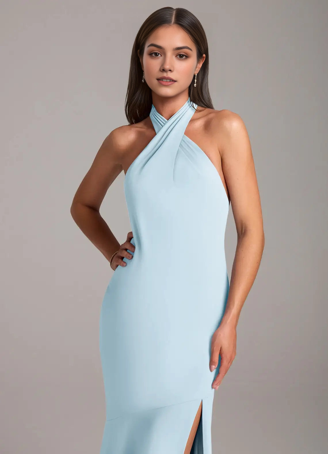 Light Blue Halter Neck Open Back Evening Gown with Side Slit Sky Blue Mermaid Pleated Chiffon Bridesmaid Dresses