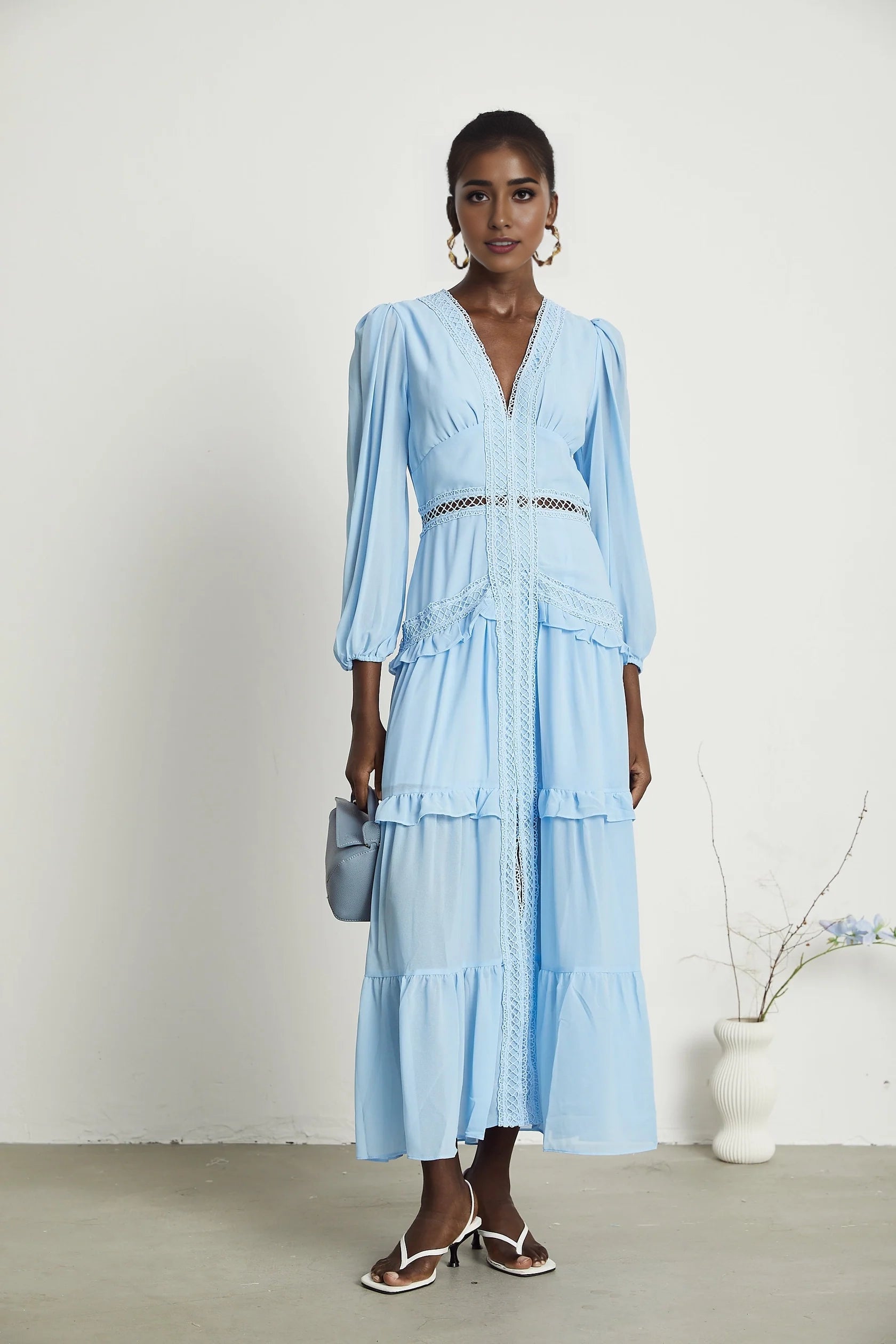 Light Blue Lace - Trimmed Tiered Maxi Dress Juno cut-out ruffled maxi dress in Blue Evening Dress