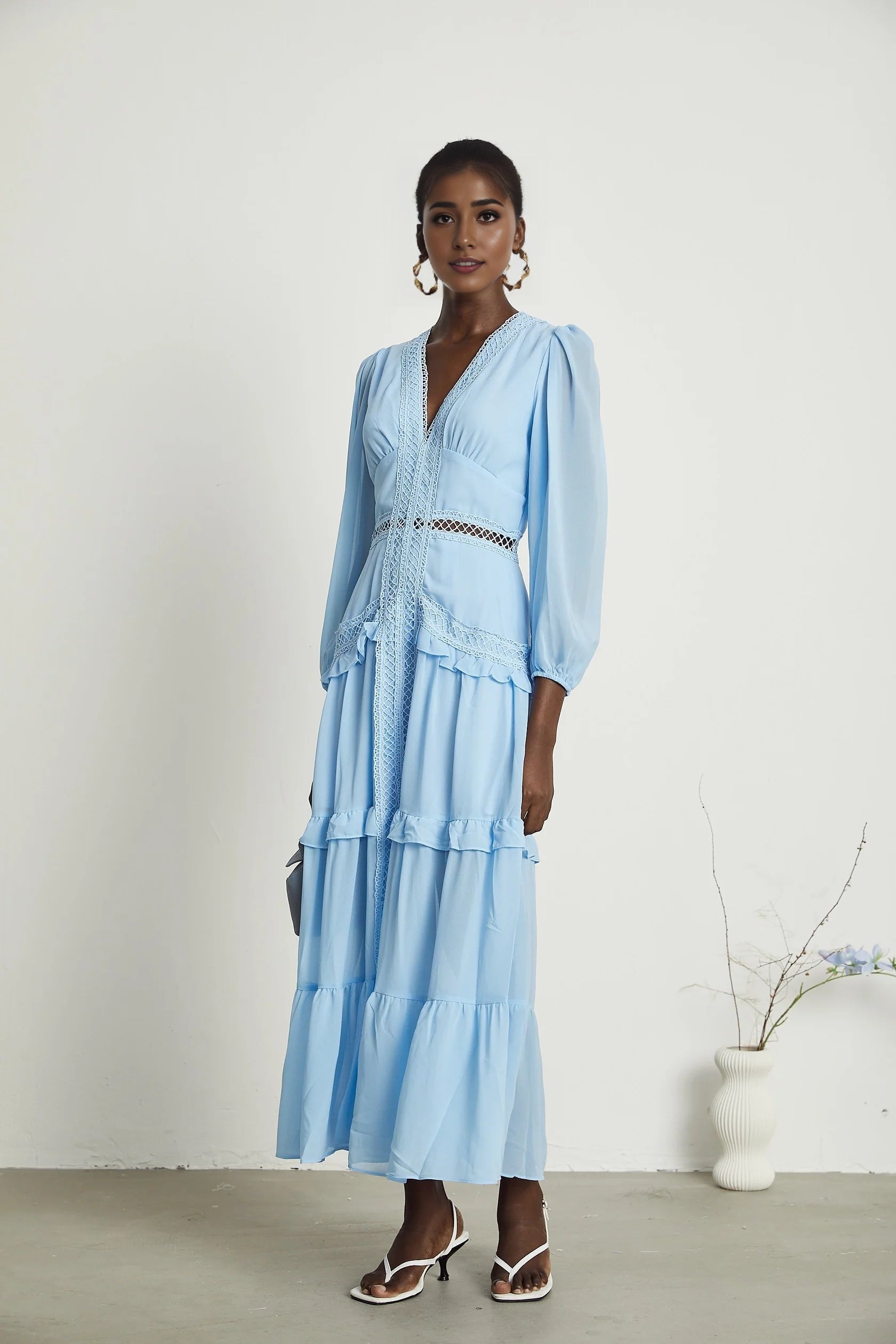 Light Blue Lace - Trimmed Tiered Maxi Dress Juno cut-out ruffled maxi dress in Blue Evening Dress