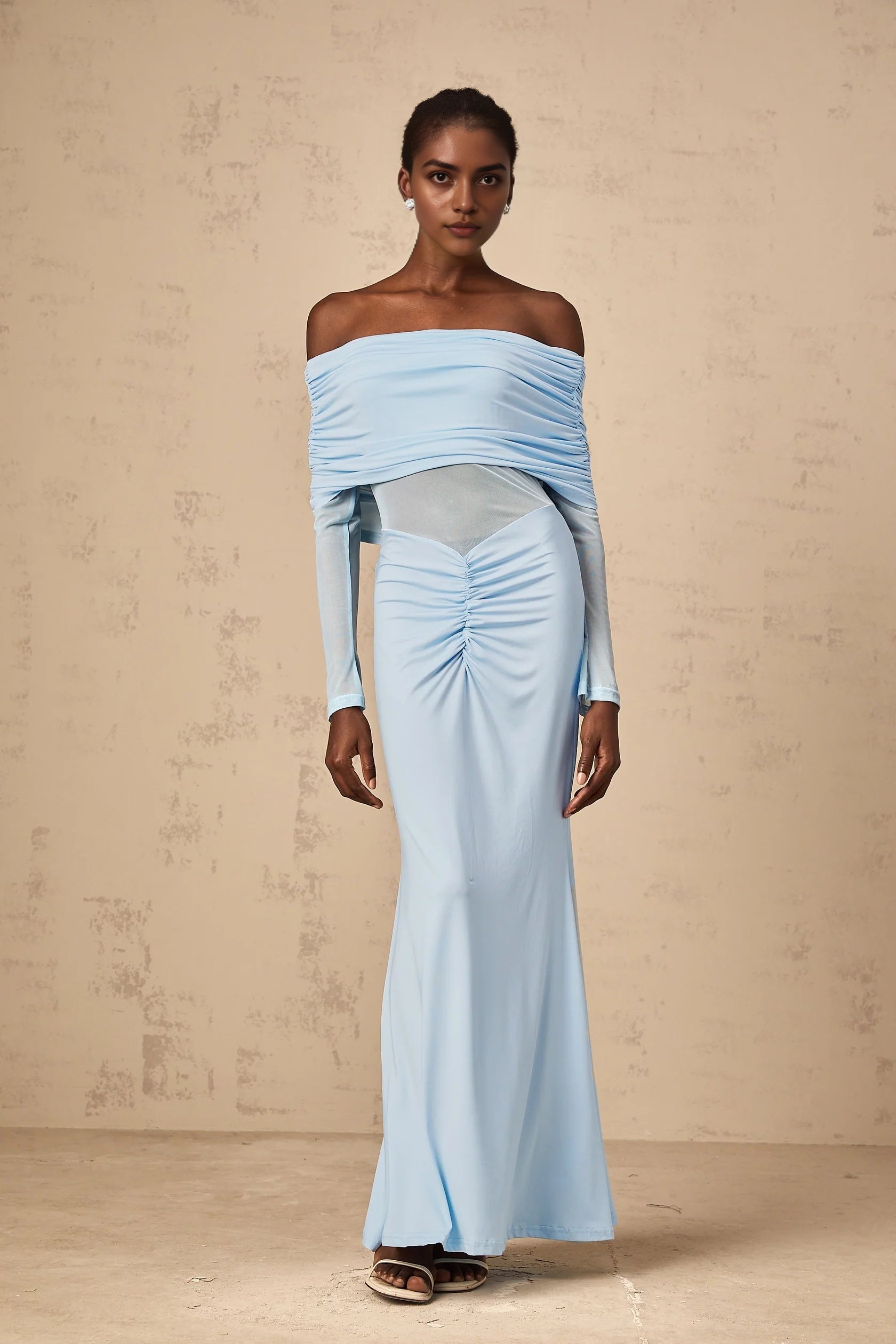 Light Blue Off - Shoulder Maxi Dress with Mesh Detail Ninon blue off-shoulder ruched maxi dress Evening Dress