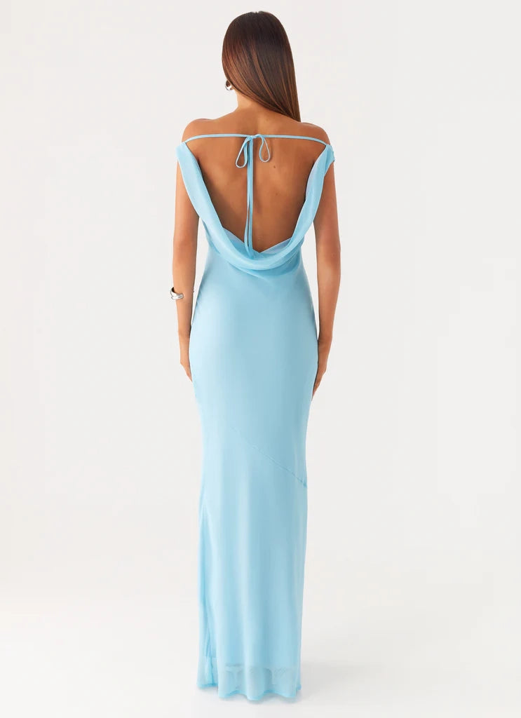 Light Blue Off - Shoulder Maxi Dress with Open Back - Ruched shoulder seams  Bridesmaid Dresses