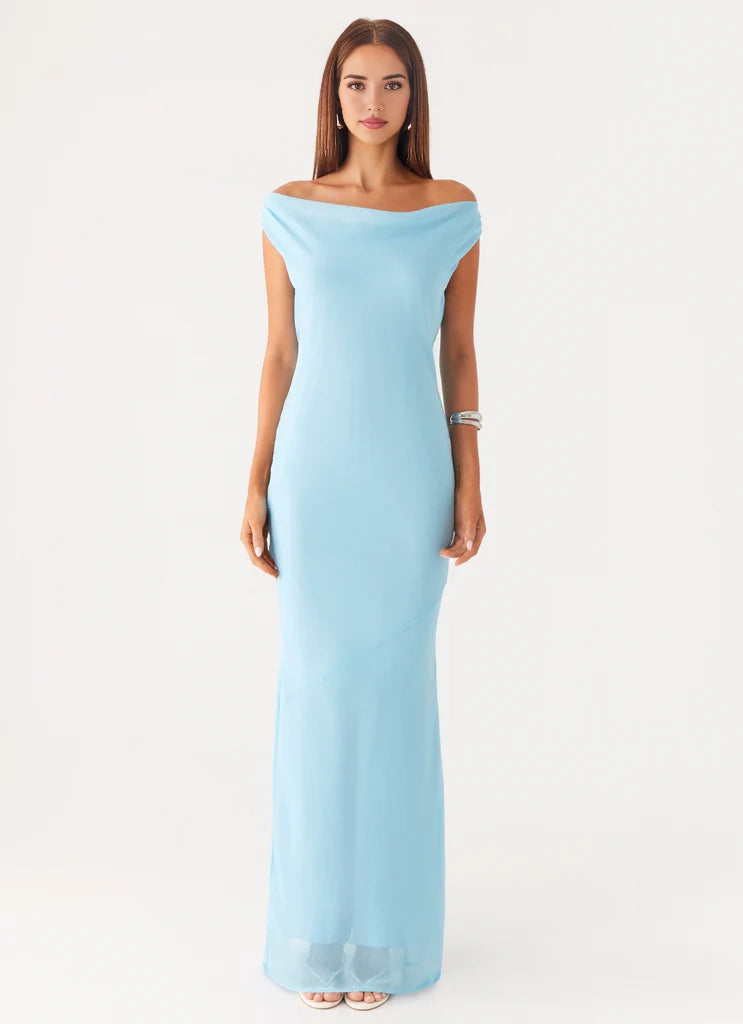 Light Blue Off - Shoulder Maxi Dress with Open Back - Ruched shoulder seams  Bridesmaid Dresses