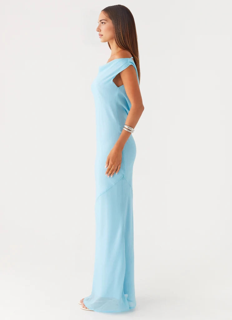 Light Blue Off - Shoulder Maxi Dress with Open Back - Ruched shoulder seams  Bridesmaid Dresses