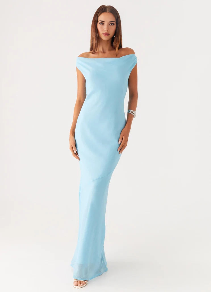Light Blue Off - Shoulder Maxi Dress with Open Back - Ruched shoulder seams  Bridesmaid Dresses