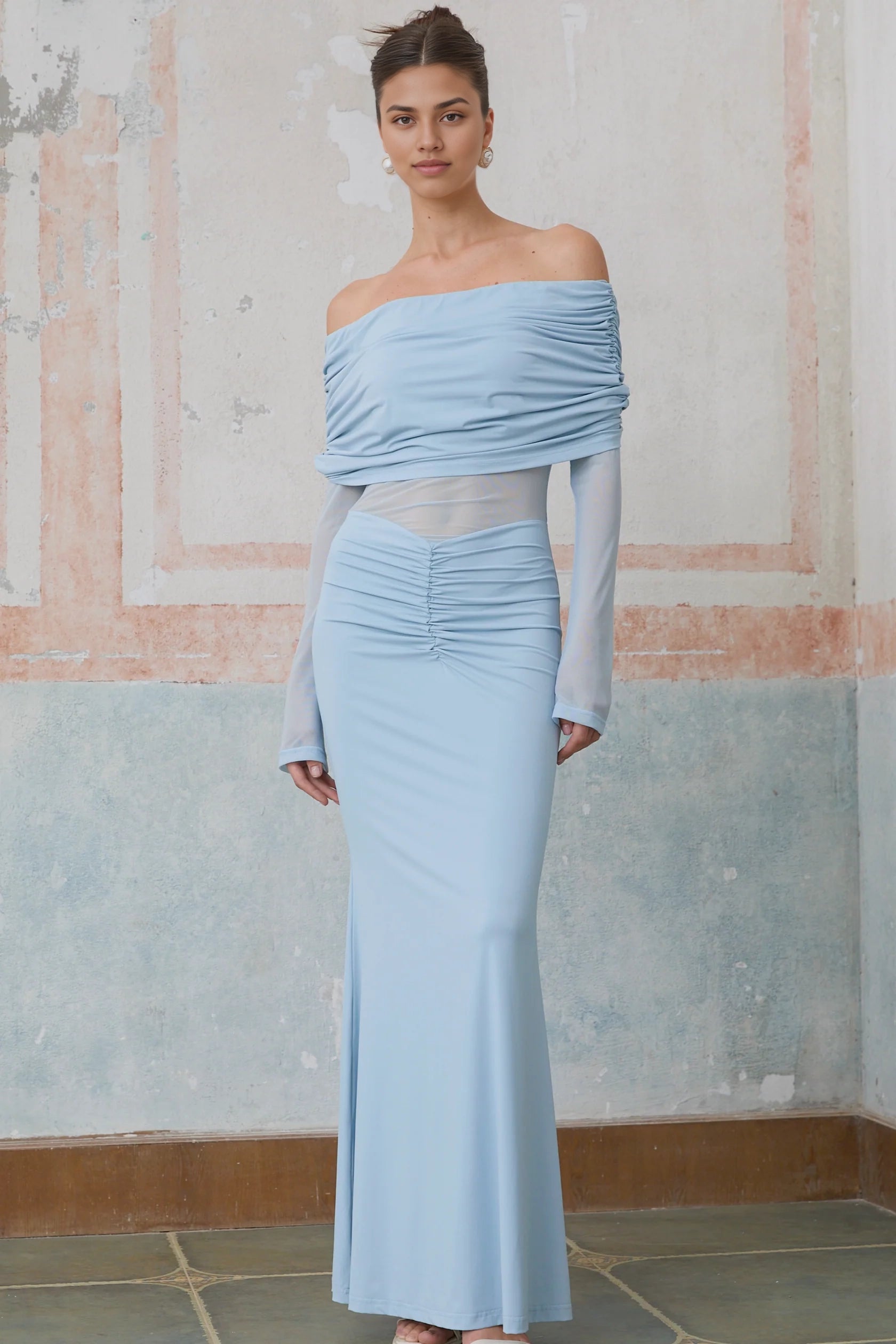 Light Blue Off - Shoulder Ruched Maxi Dress with Sheer Sleeves blue off-shoulder ruched maxi dress Evening Dress