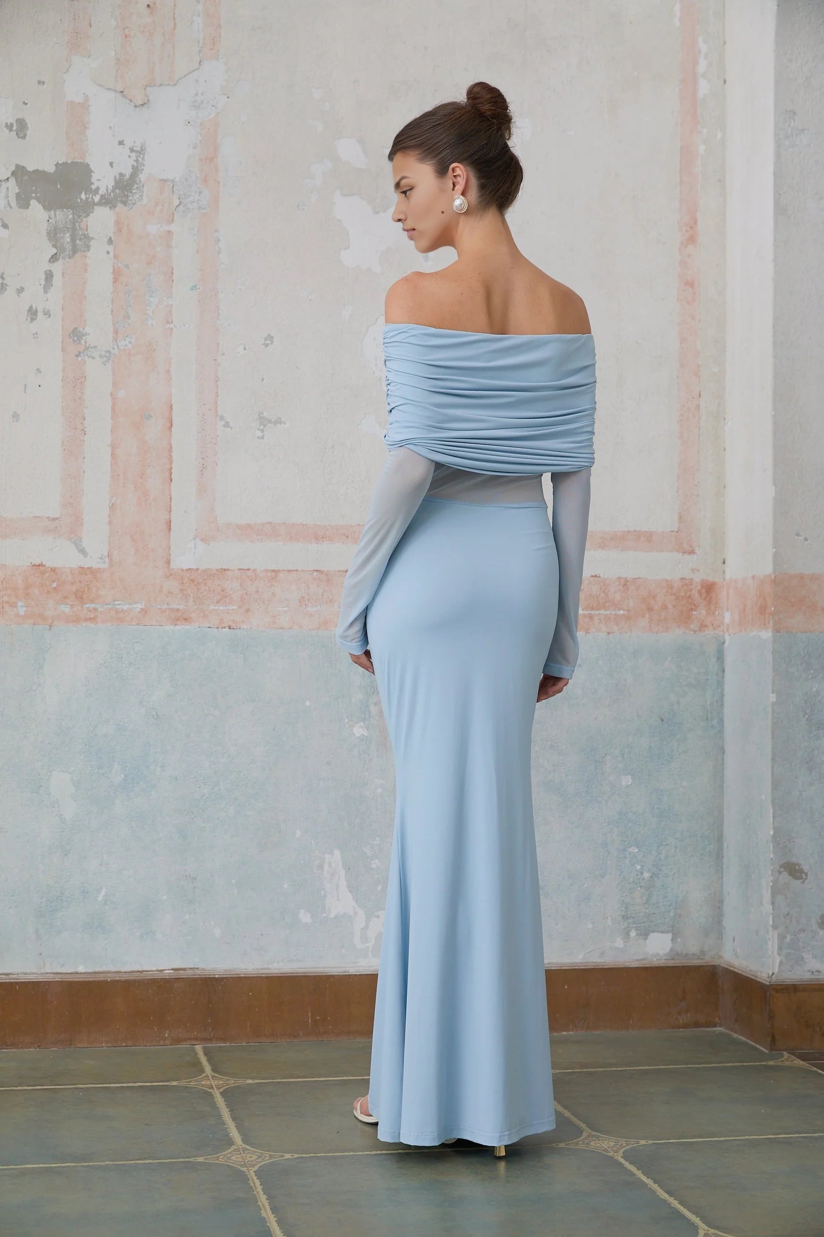 Light Blue Off - Shoulder Ruched Maxi Dress with Sheer Sleeves blue off-shoulder ruched maxi dress Evening Dress