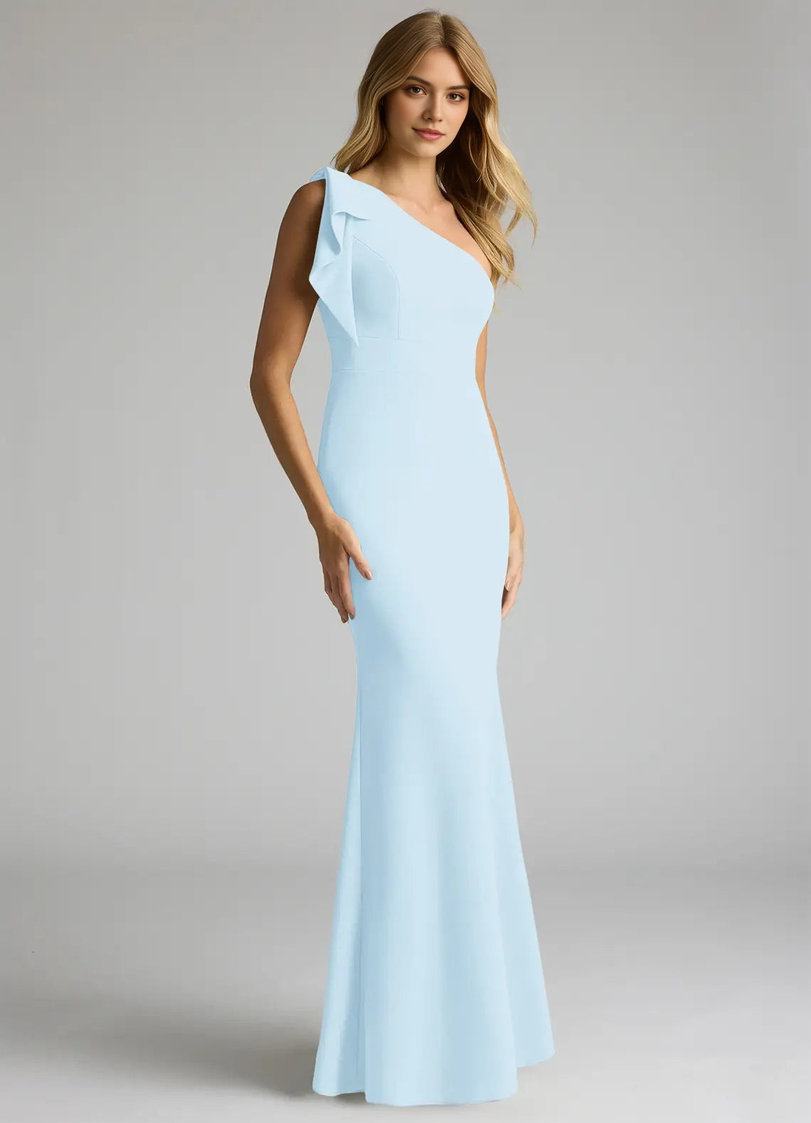 Light Blue One-Shoulder Mermaid Maxi Dress with Ruffle Detail Sky Stretch Crepe Dress Bridesmaid Dresses