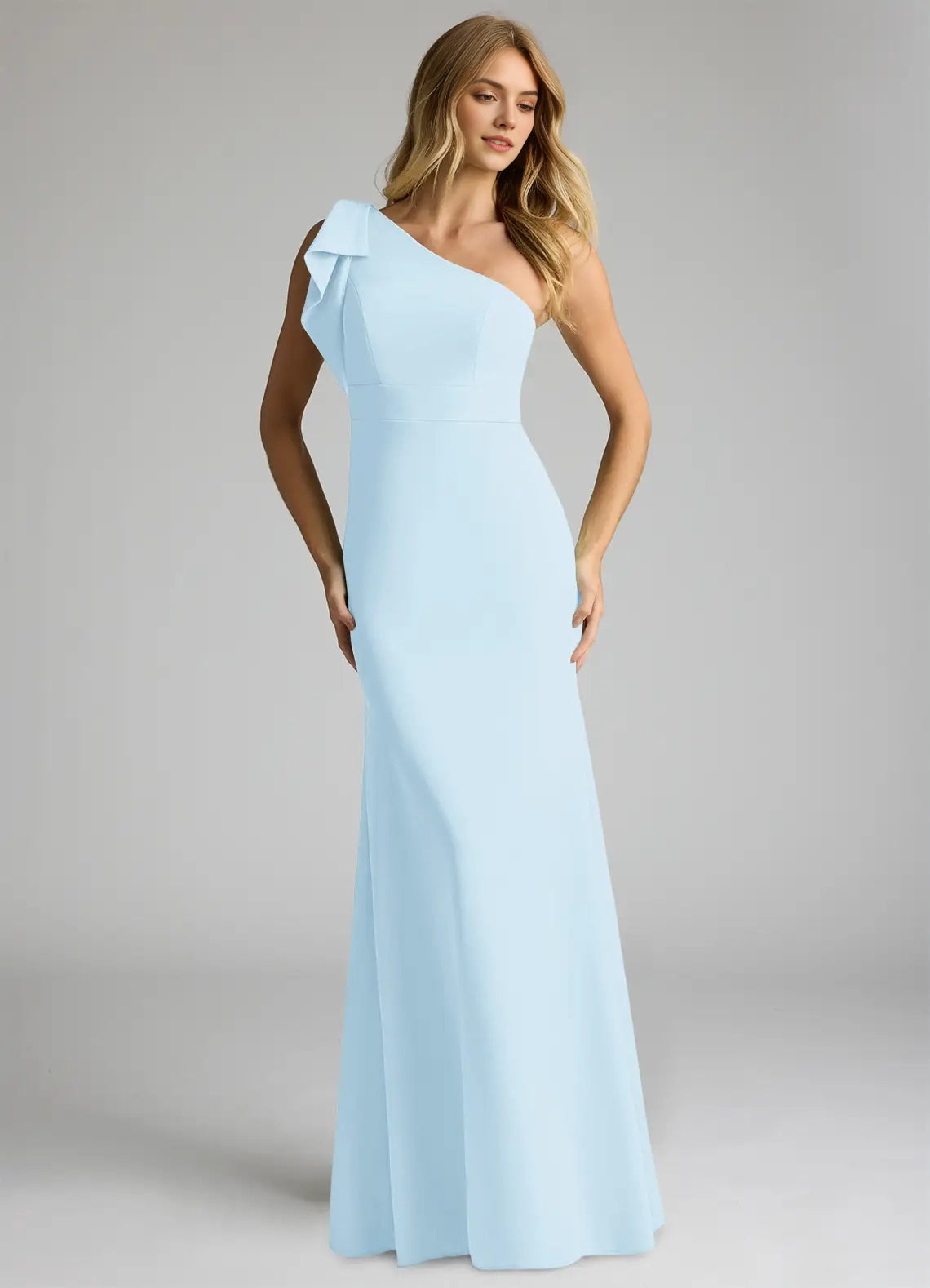 Light Blue One-Shoulder Mermaid Maxi Dress with Ruffle Detail Sky Stretch Crepe Dress Bridesmaid Dresses