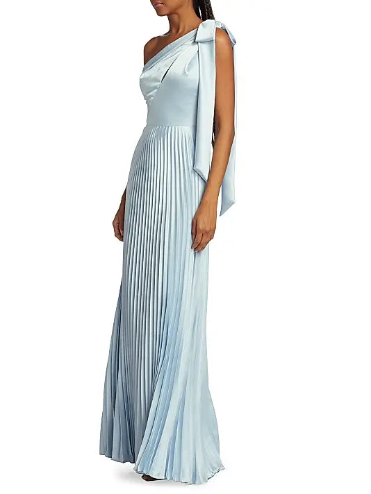 Light Blue One - Shoulder Pleated Gown Satin One-Shoulder Pleated Gown Evening Dress