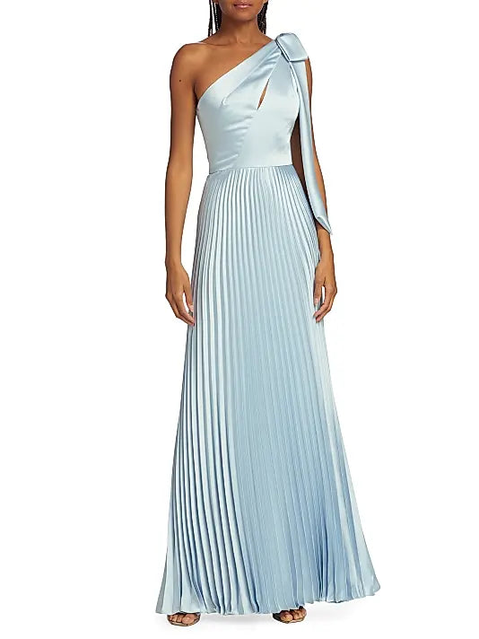 Light Blue One - Shoulder Pleated Gown Satin One-Shoulder Pleated Gown Evening Dress