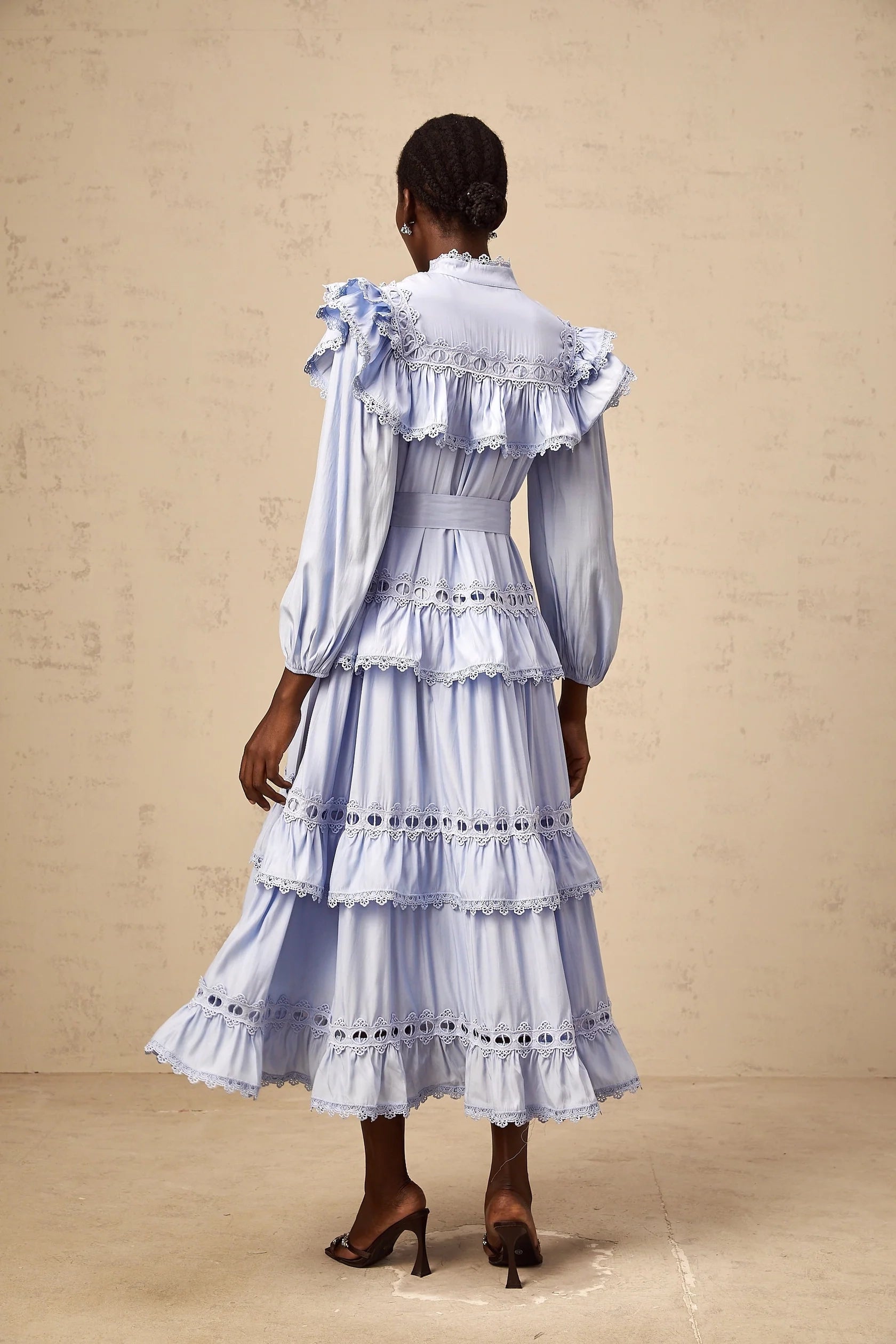 Light Blue Ruffled Lace Midi Dress with Belt blue lace-trim tiered midi dress Evening Dress