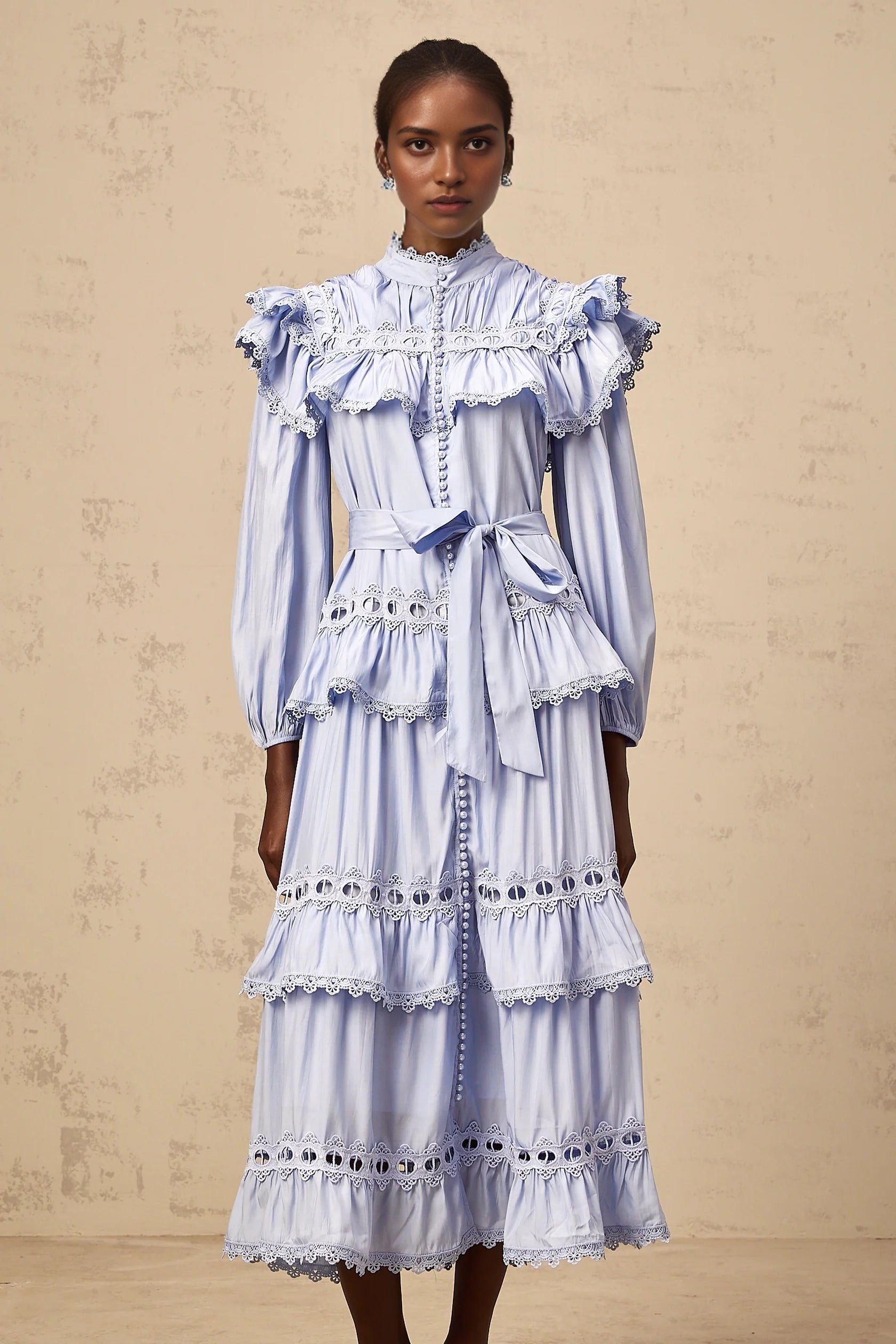 Light Blue Ruffled Lace Midi Dress with Belt blue lace-trim tiered midi dress Evening Dress