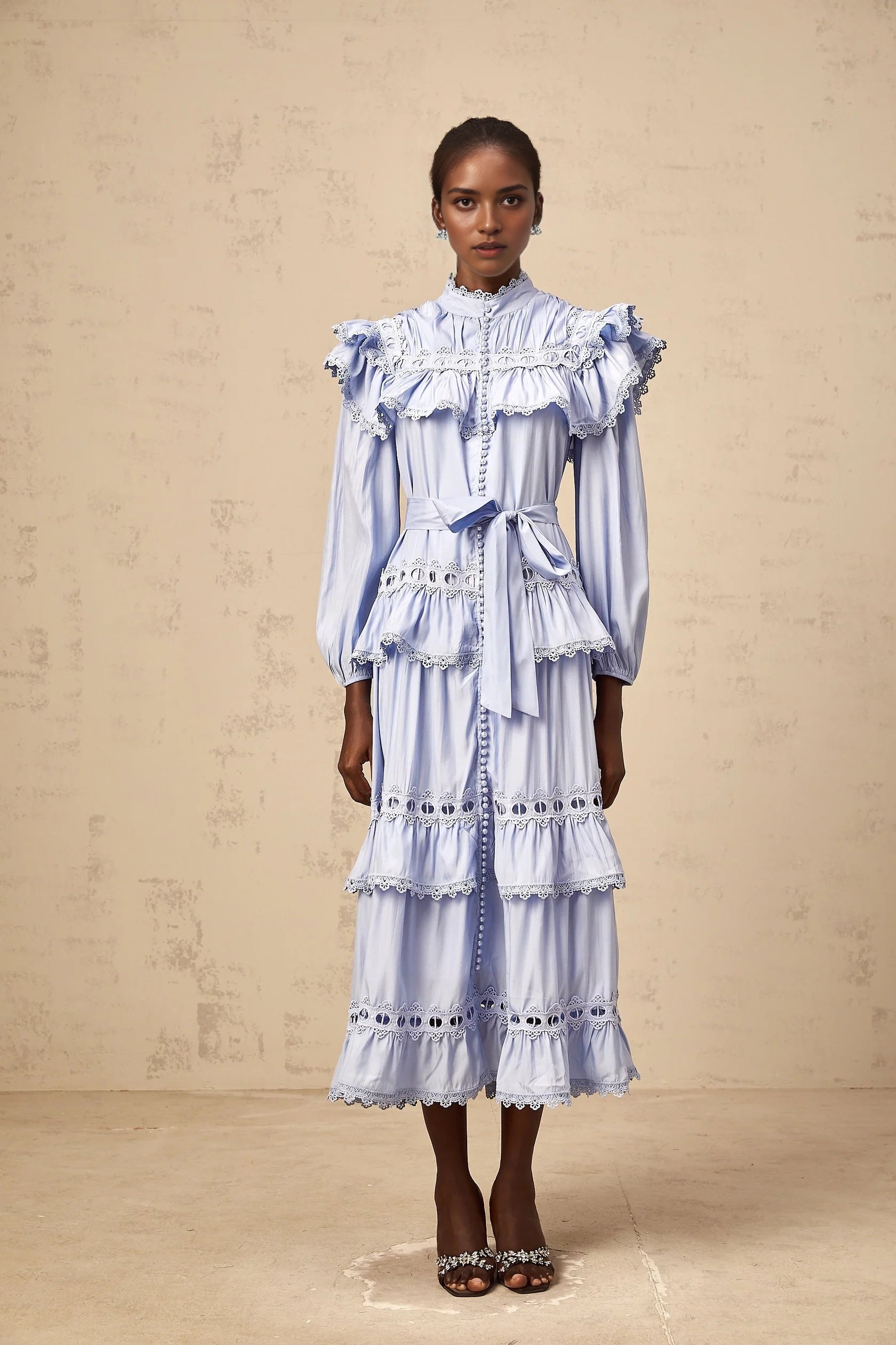 Light Blue Ruffled Lace Midi Dress with Belt blue lace-trim tiered midi dress Evening Dress