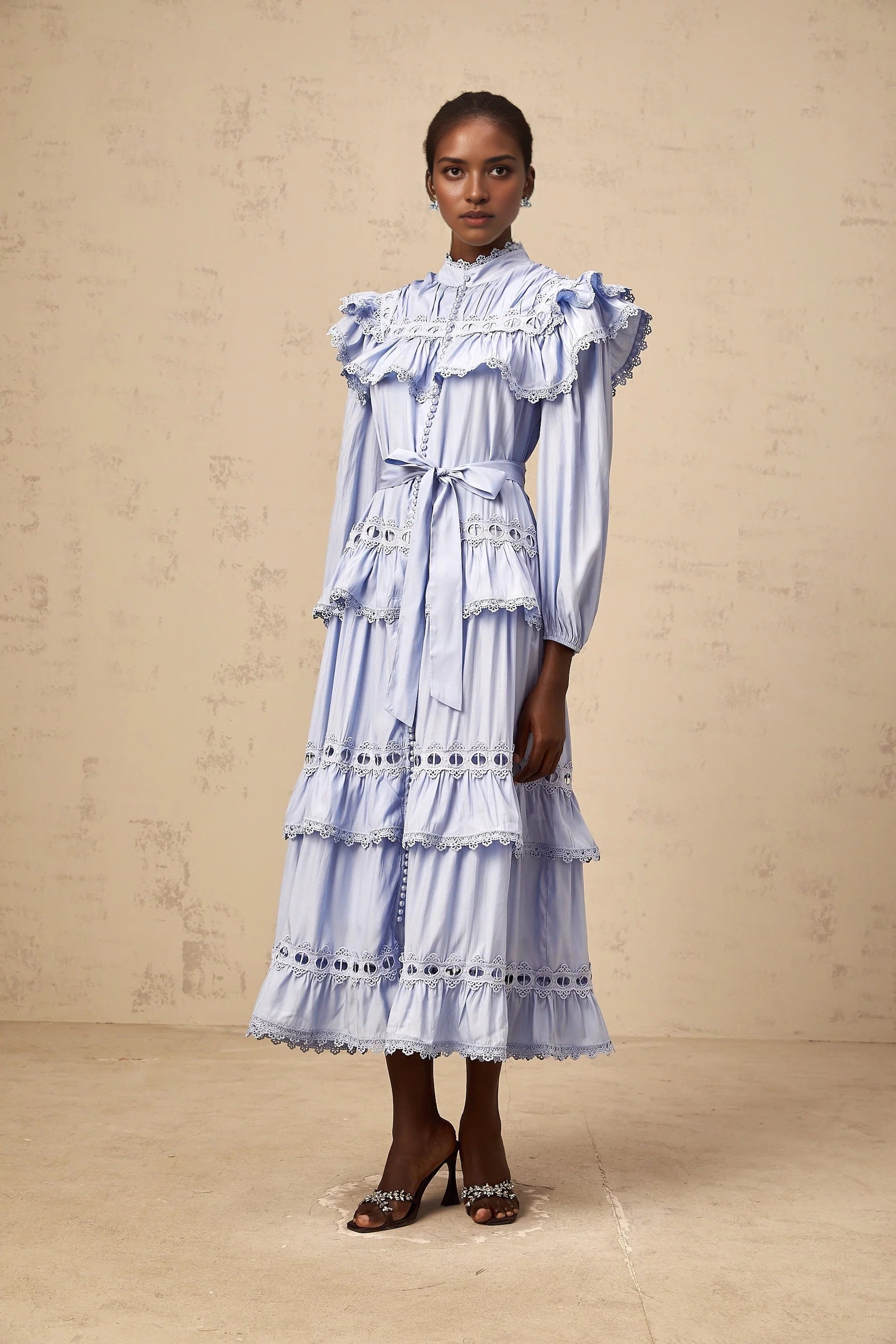 Light Blue Ruffled Lace Midi Dress with Belt blue lace-trim tiered midi dress Evening Dress