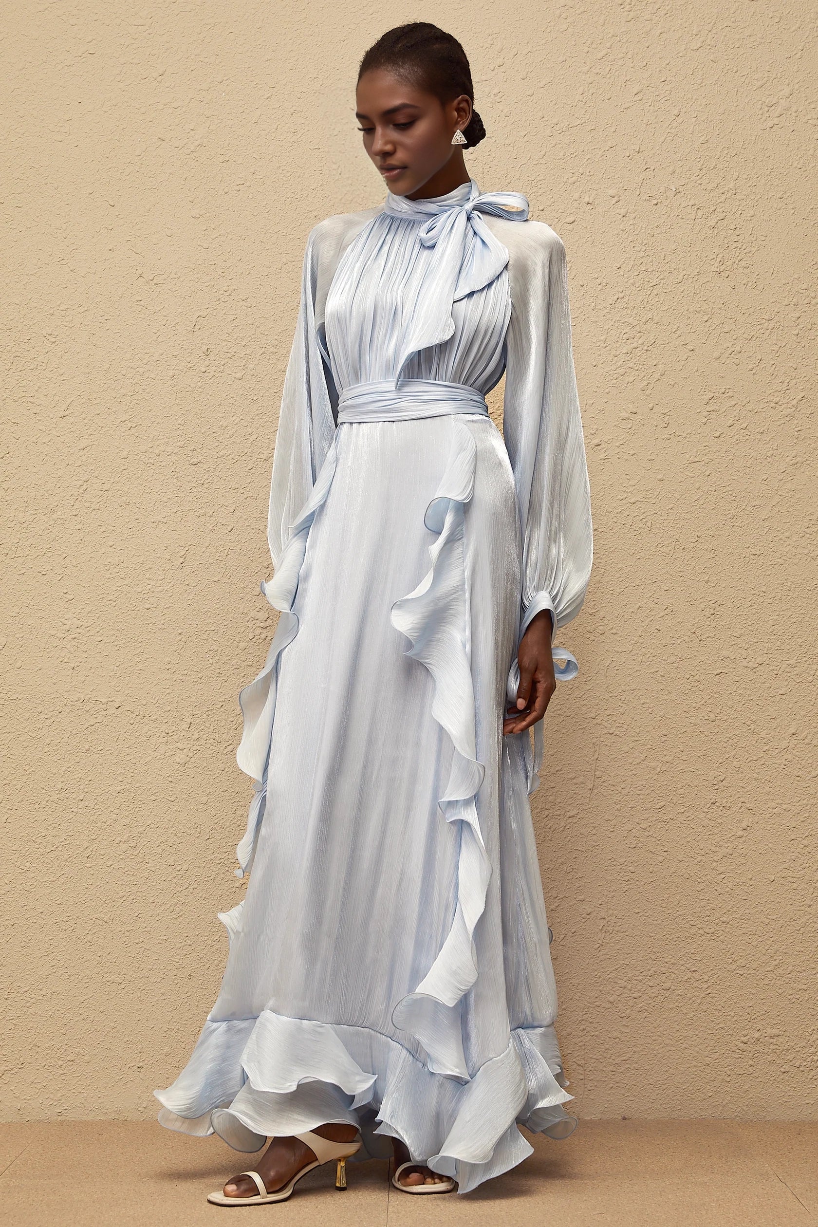 Light Blue Ruffled Maxi Dress with Tie Neck and Waist Detail Blue Glossy Pleated Maxi Dress Evening Dress