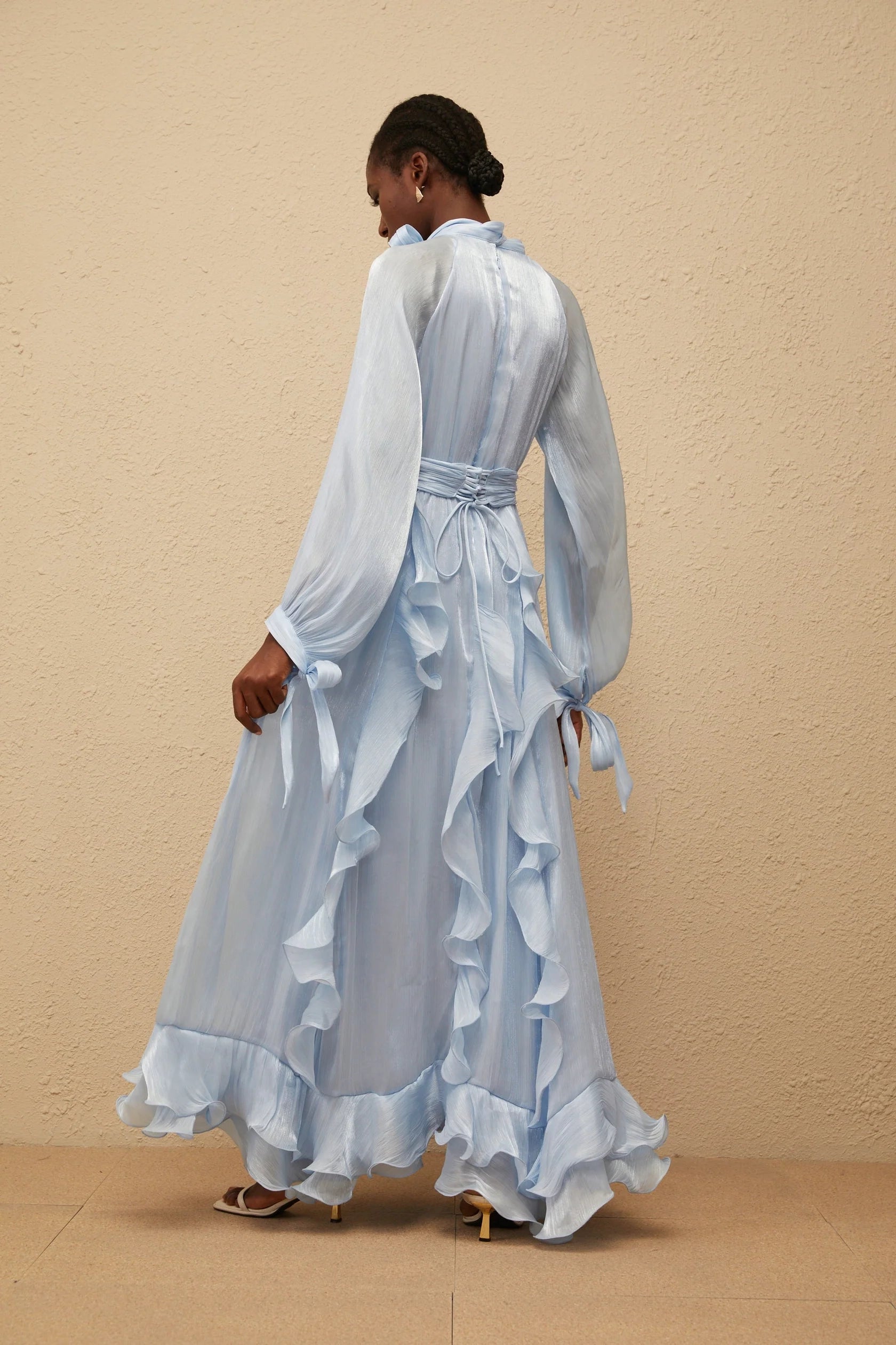 Light Blue Ruffled Maxi Dress with Tie Neck and Waist Detail Blue Glossy Pleated Maxi Dress Evening Dress