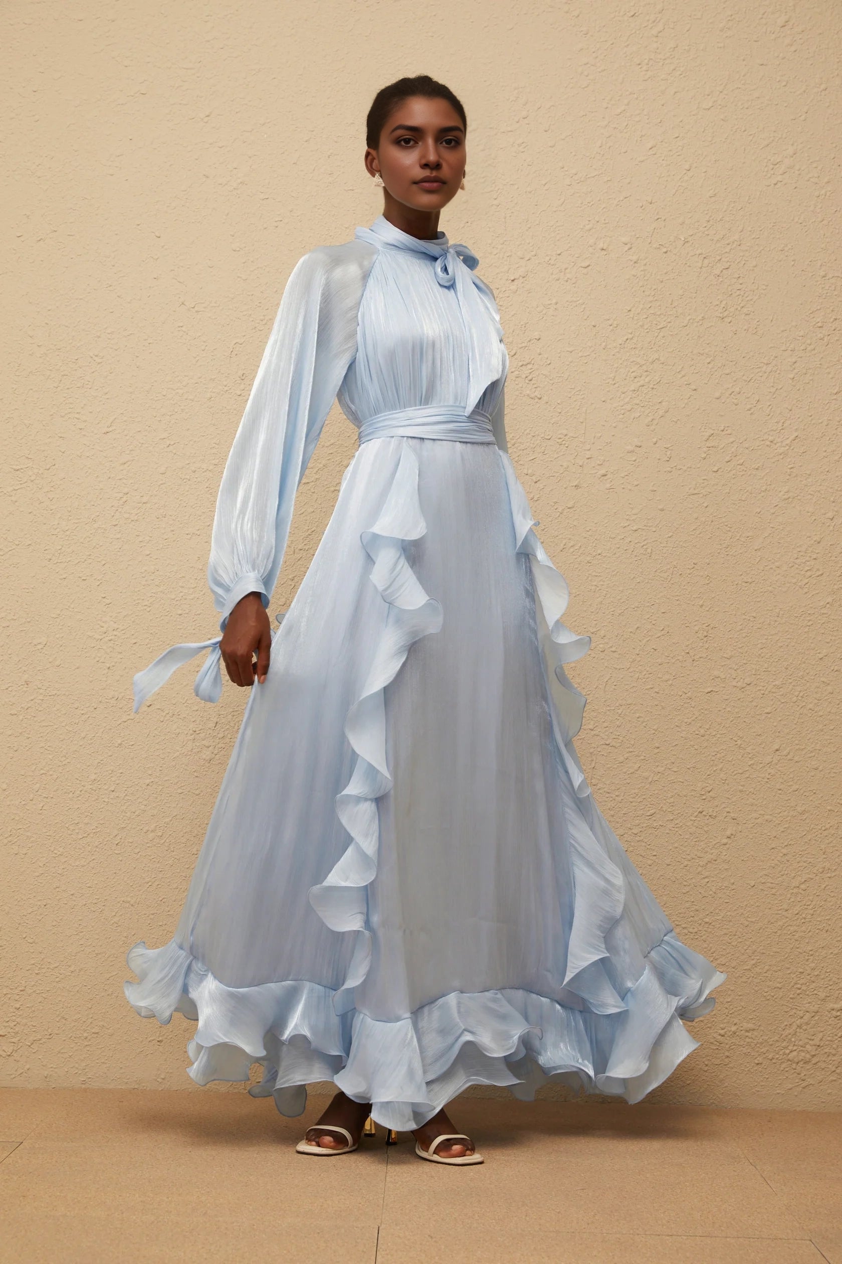 Light Blue Ruffled Maxi Dress with Tie Neck and Waist Detail Blue Glossy Pleated Maxi Dress Evening Dress