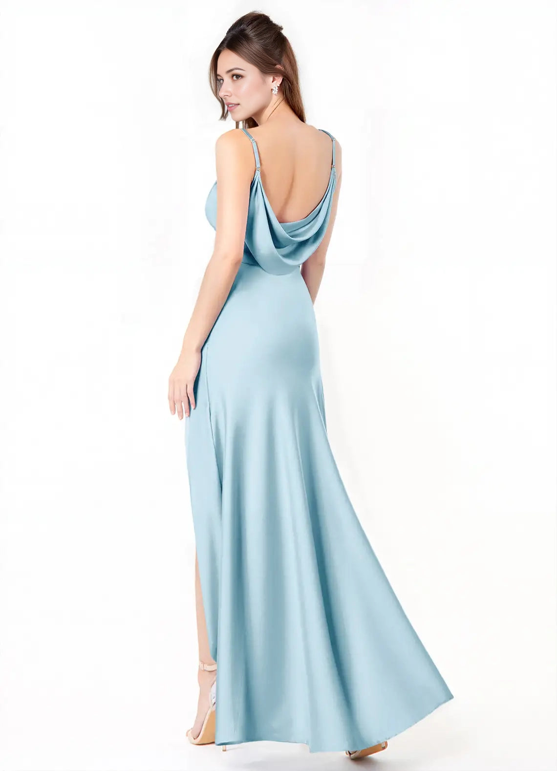 Light Blue Satin Cowl Neck Maxi Dress with Side Slit Sky Blue Mermaid Side Slit Stretch Satin Dress Bridesmaid Dresses