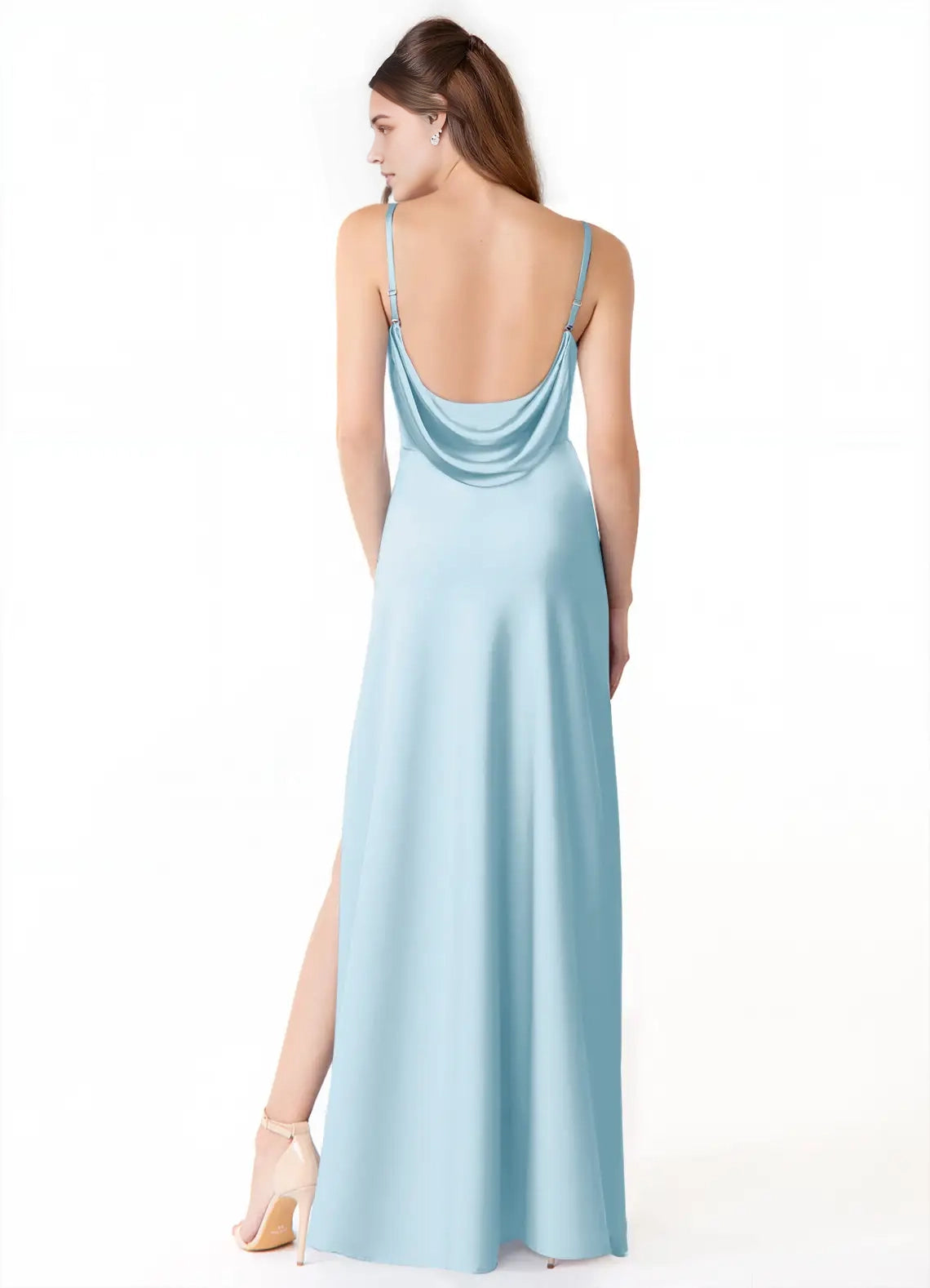 Light Blue Satin Cowl Neck Maxi Dress with Side Slit Sky Blue Mermaid Side Slit Stretch Satin Dress Bridesmaid Dresses
