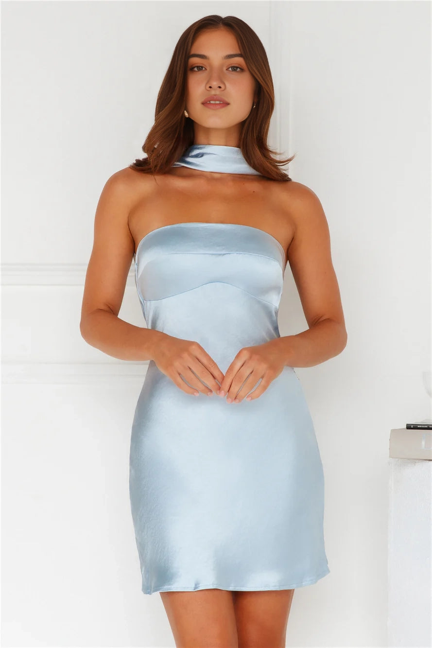 Light Blue Satin Strapless Mini Dress with Cowl Back and Neck Tie Silk Smooth Satin Profile Short Prom Dress