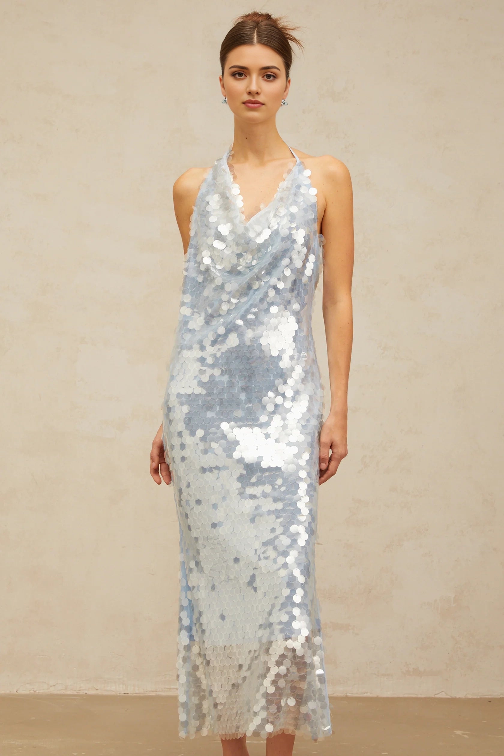 Light Blue Sequin Halter Neck Open - Back Midi Dress Babette blue halterneck sequined midi dress Evening Dress