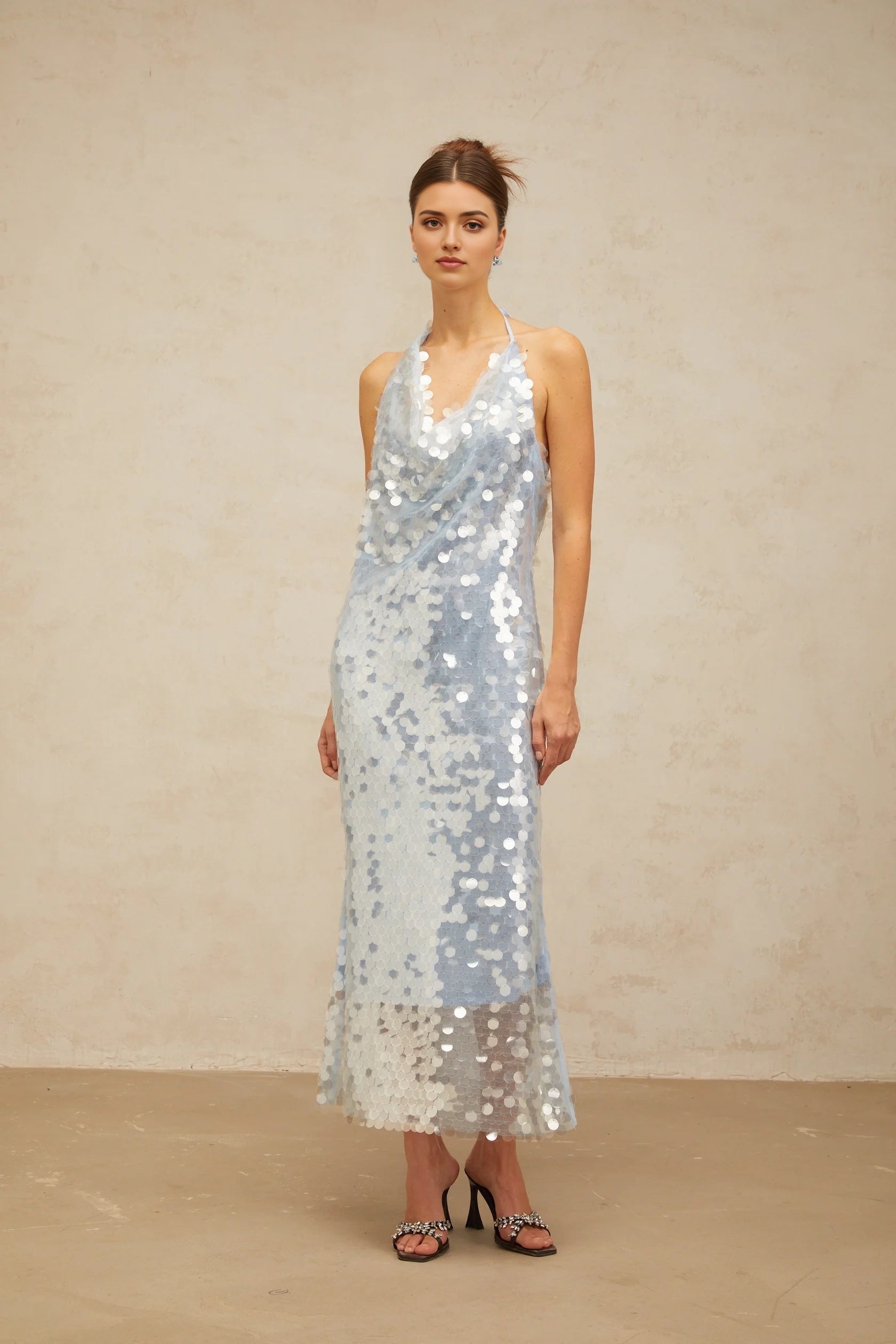 Light Blue Sequin Halter Neck Open - Back Midi Dress Babette blue halterneck sequined midi dress Evening Dress