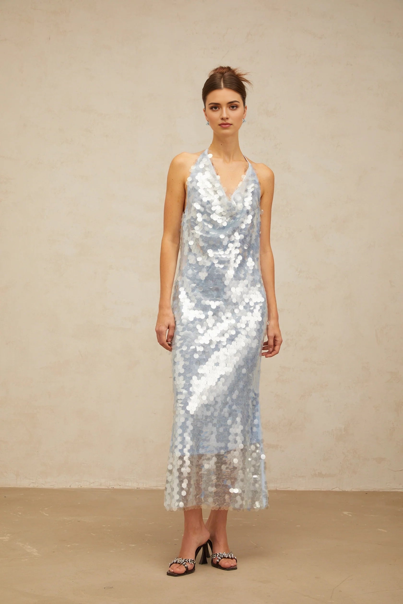 Light Blue Sequin Halter Neck Open - Back Midi Dress Babette blue halterneck sequined midi dress Evening Dress