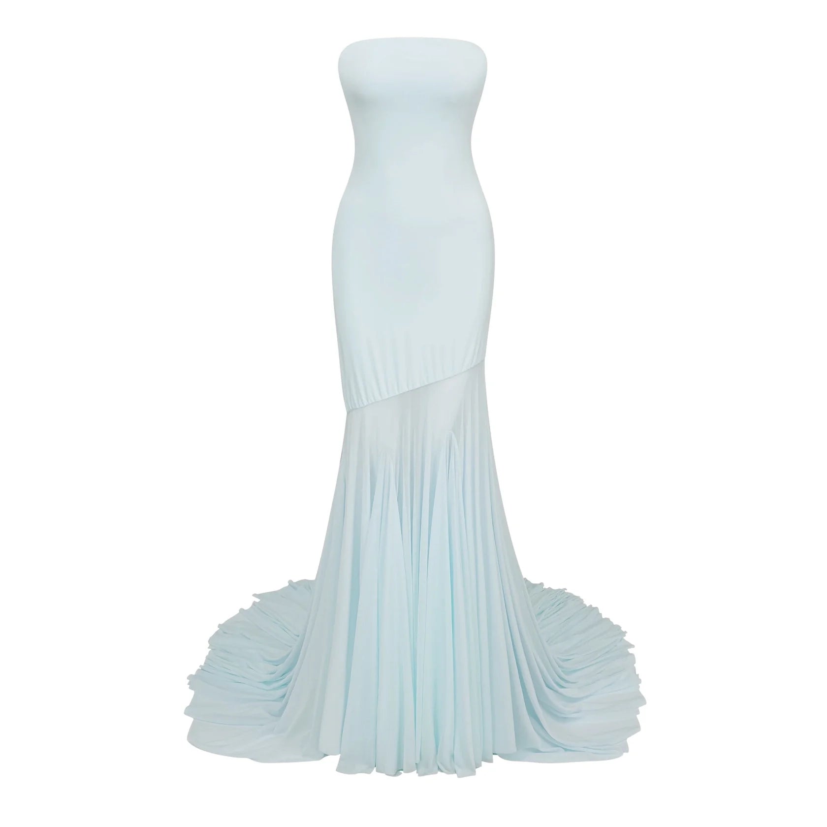 Light Blue Strapless High - Low Maxi Dress with Dramatic Train Josiane Blue Off-shoulder Sheer Tulle Maxi Dress Evening Dress
