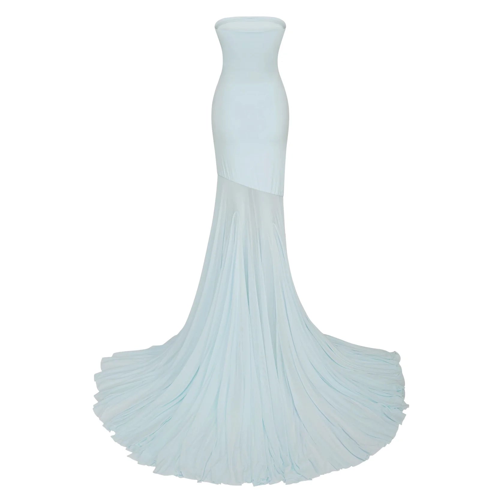 Light Blue Strapless High - Low Maxi Dress with Dramatic Train Josiane Blue Off-shoulder Sheer Tulle Maxi Dress Evening Dress