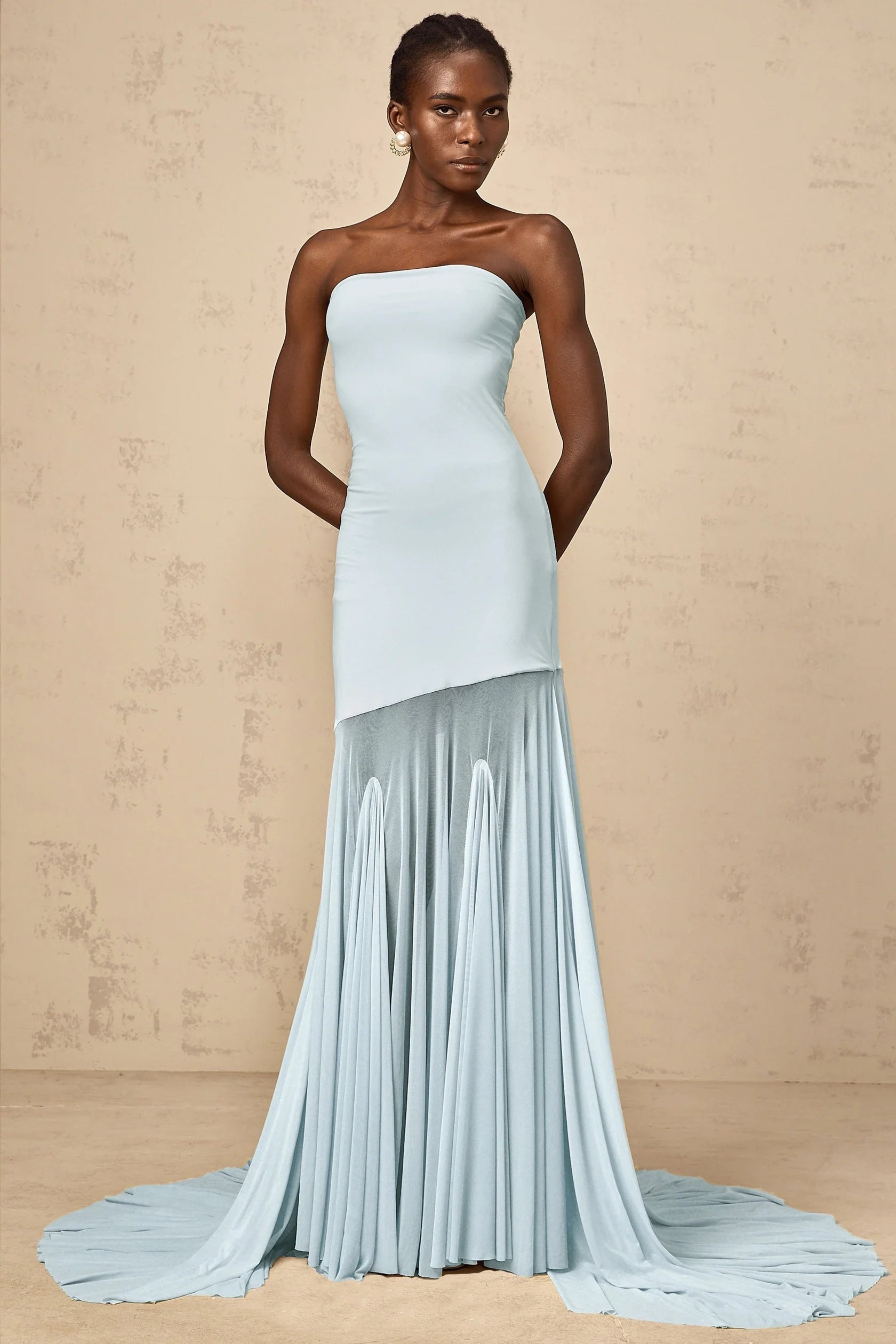 Light Blue Strapless Maxi Dress with Flowing Train Blue Off-shoulder Sheer Tulle Maxi Dress Evening Dress