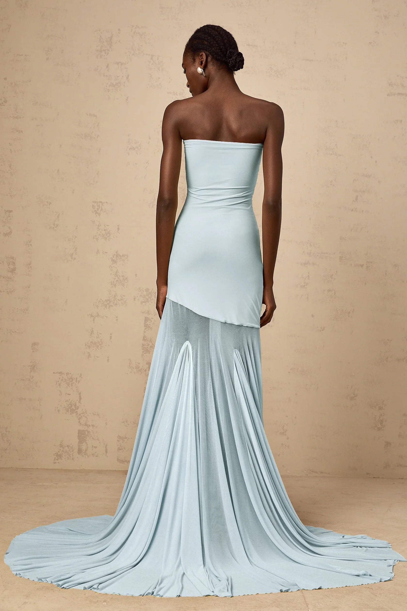 Light Blue Strapless Maxi Dress with Flowing Train Blue Off-shoulder Sheer Tulle Maxi Dress Evening Dress