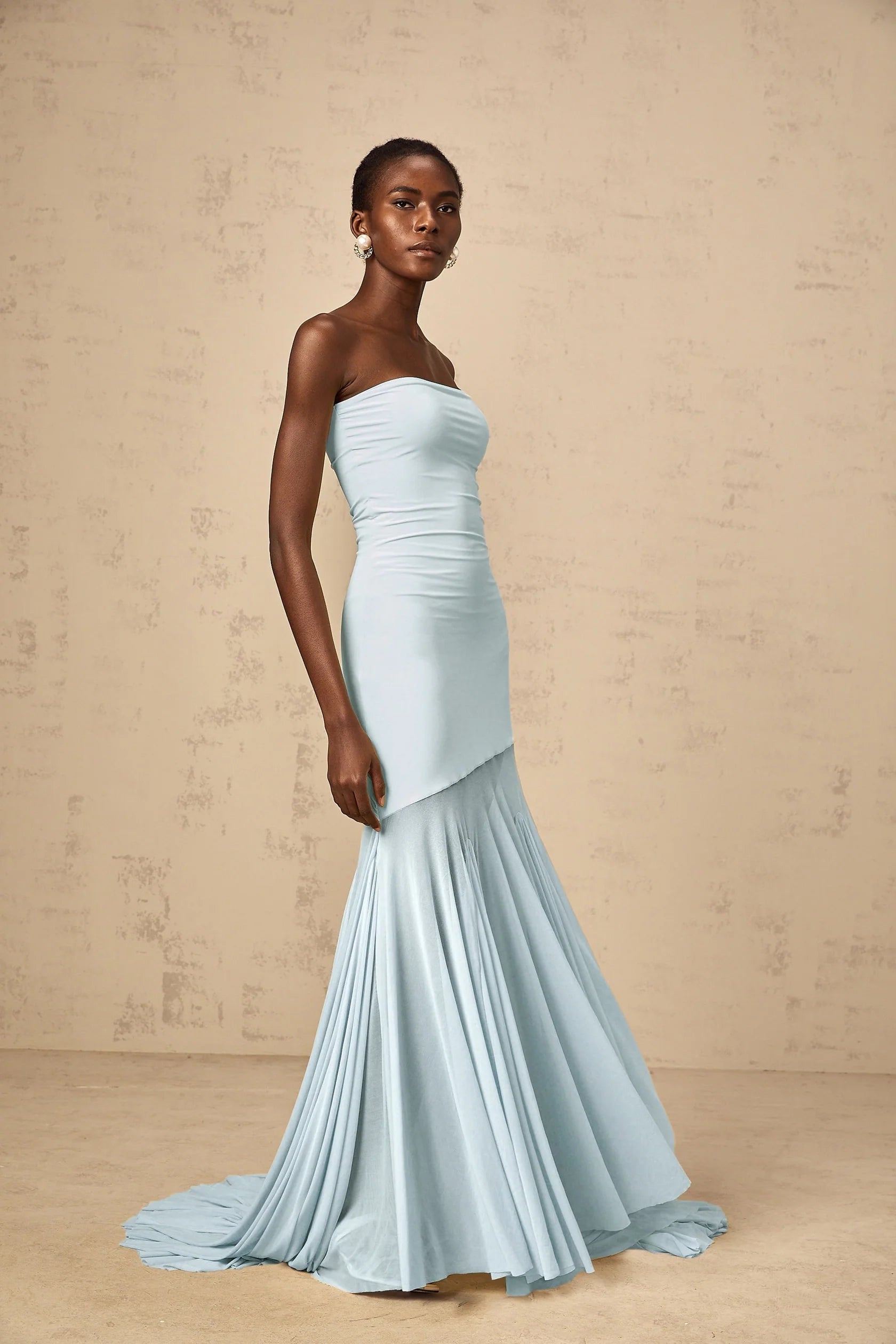 Light Blue Strapless Maxi Dress with Flowing Train Blue Off-shoulder Sheer Tulle Maxi Dress Evening Dress
