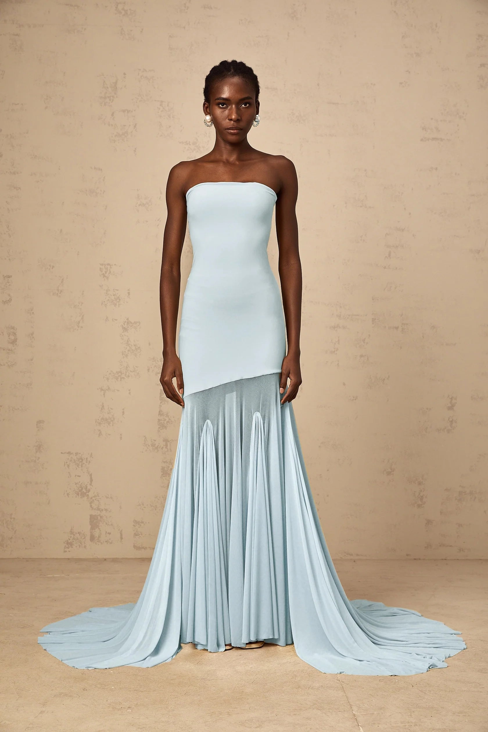 Light Blue Strapless Maxi Dress with Flowing Train Blue Off-shoulder Sheer Tulle Maxi Dress Evening Dress