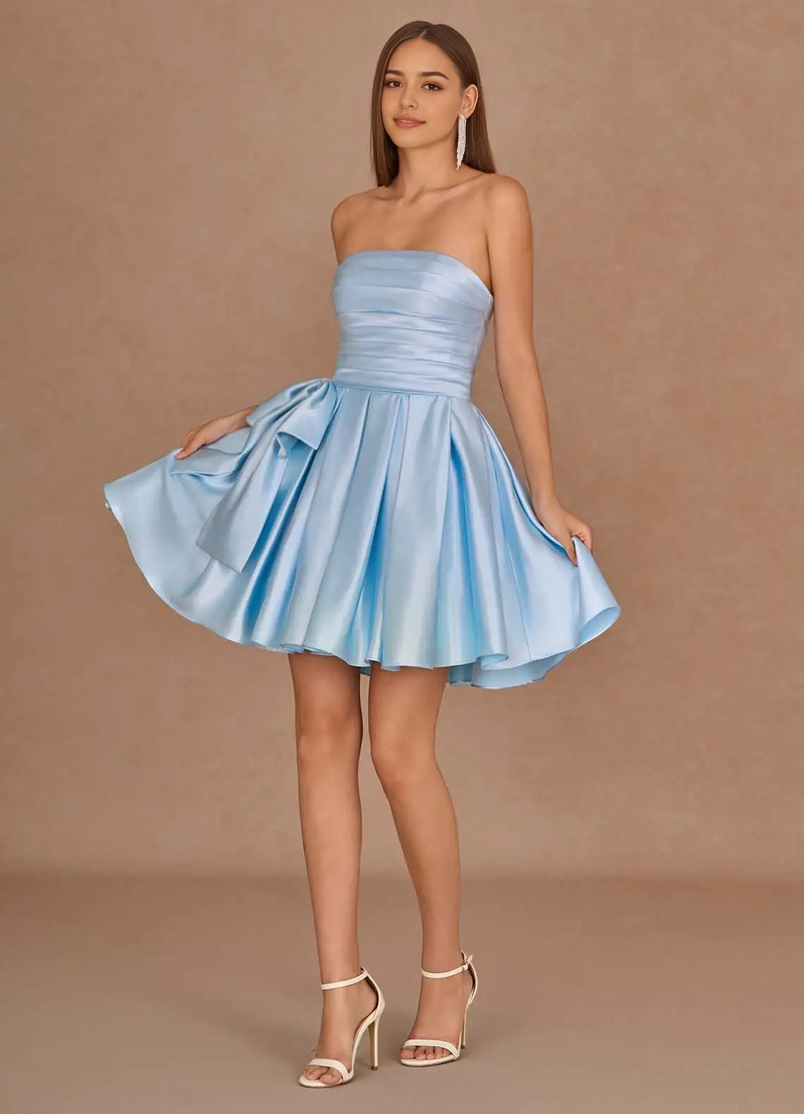 Light Blue Strapless Satin Mini Dress with Bow Detail Aurae Sky Blue Mini Dress Homecoming Dresses