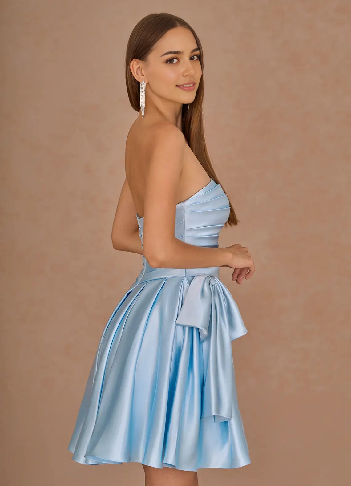 Light Blue Strapless Satin Mini Dress with Bow Detail Aurae Sky Blue Mini Dress Homecoming Dresses