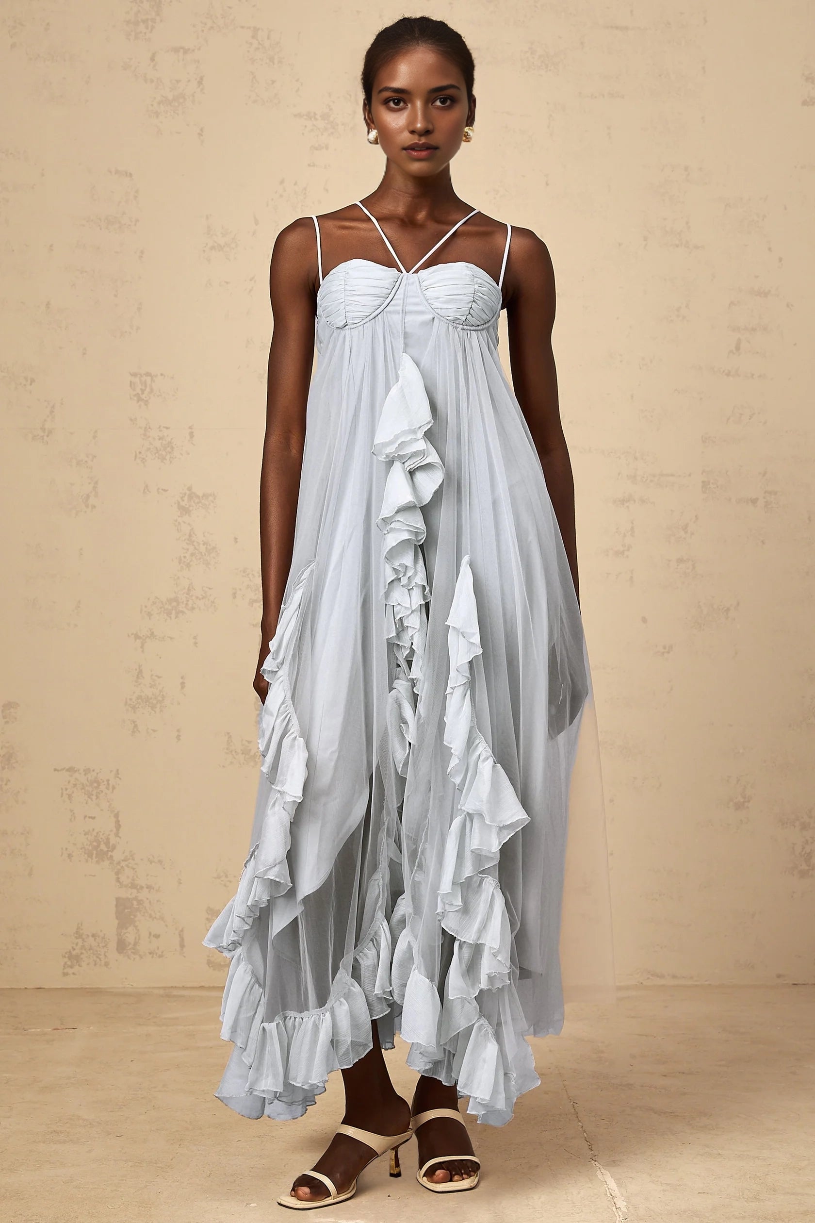 Light Blue Tulle Maxi Dress with Ruffle Details Colette layered ruffled tulle maxi dress in Blue Evening Dress