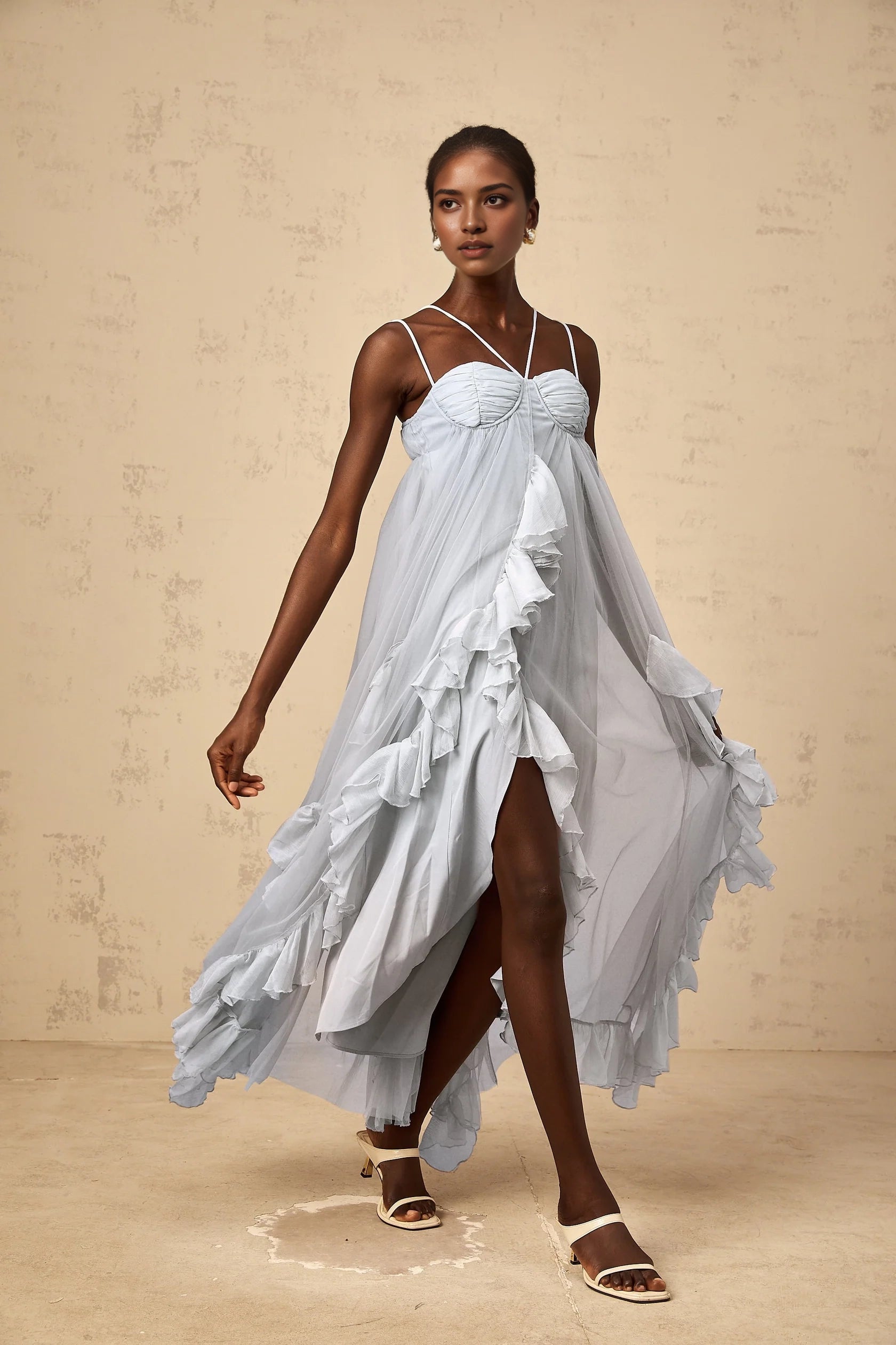 Light Blue Tulle Maxi Dress with Ruffle Details Colette layered ruffled tulle maxi dress in Blue Evening Dress