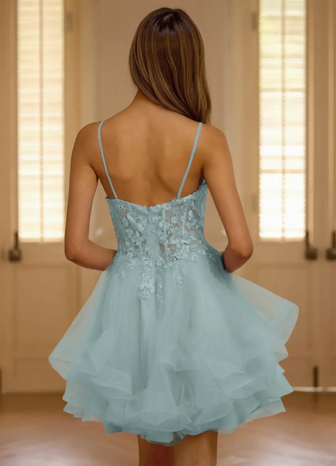 Light Blue Tulle Spaghetti Strap Mini Dress with Lace Detail Viviara Blue Mini Dress Homecoming Dresses