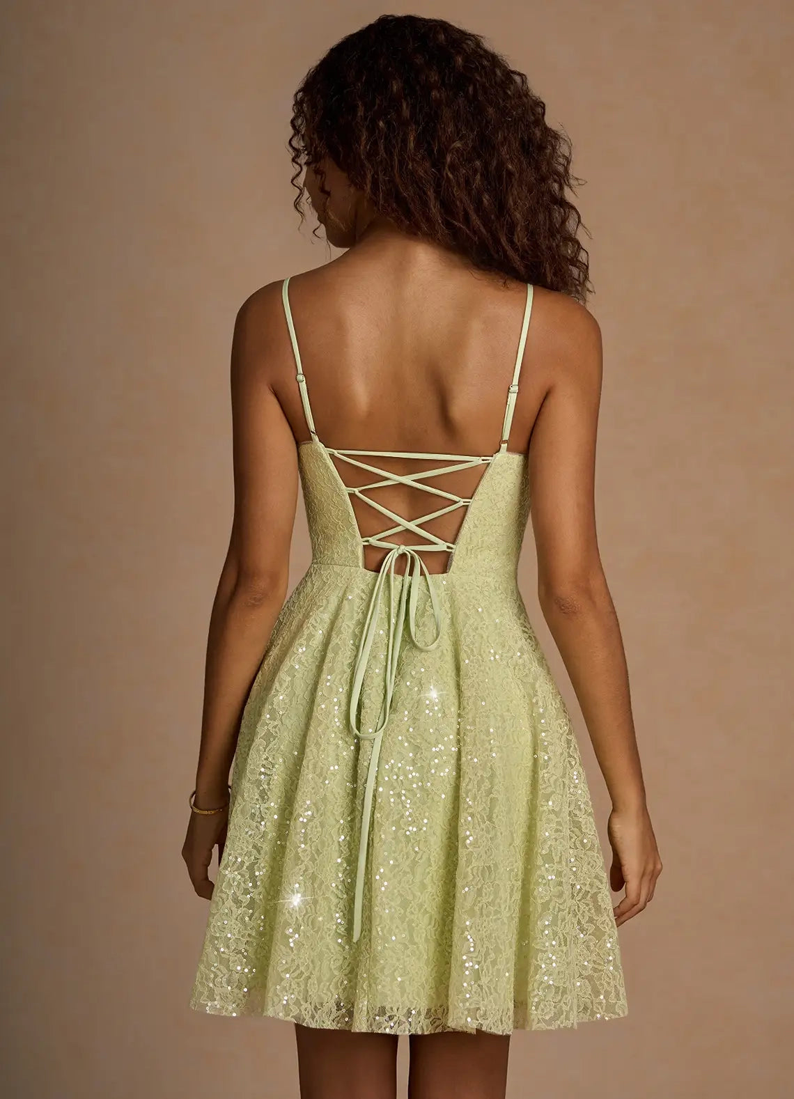 Lime Green Sequin Lace Mini Dress with Criss - Cross Back Xenia Dusty Green Sequin Mini Dress Homecoming Dresses