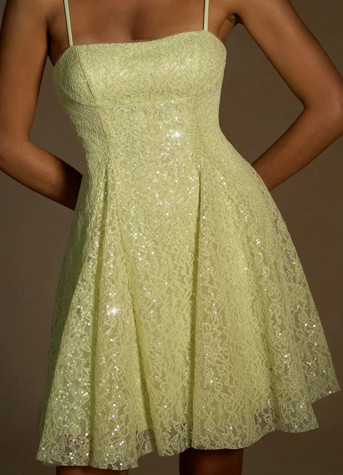 Lime Green Sequin Lace Mini Dress with Criss - Cross Back Xenia Dusty Green Sequin Mini Dress Homecoming Dresses